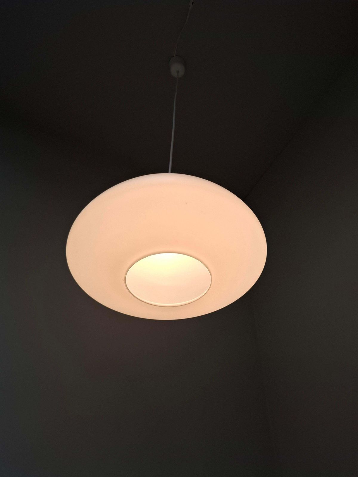 Czechoslovak Midcentury Modern Pendant Light In Opaline Glass And Plastic, 1970s photo for sale
