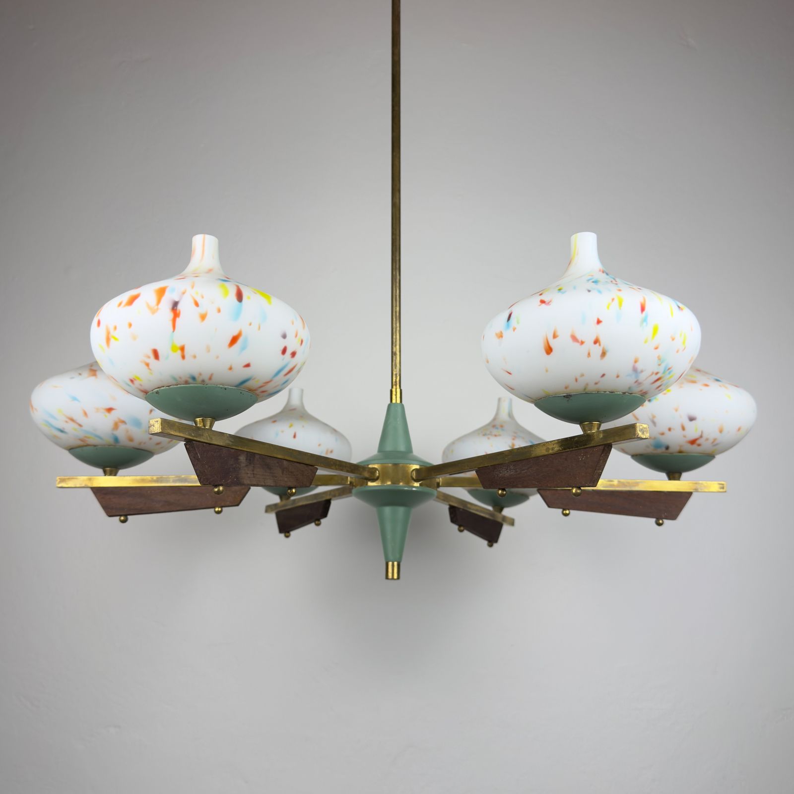 Mid Century Stilnovo Chandelier With Teak And Murano Glass, Italy 1940 50s photo for sale