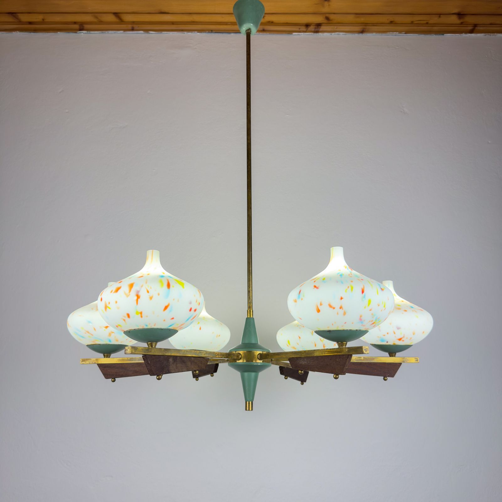Mid Century Stilnovo Chandelier With Teak And Murano Glass, Italy 1940 50s photo Lighting