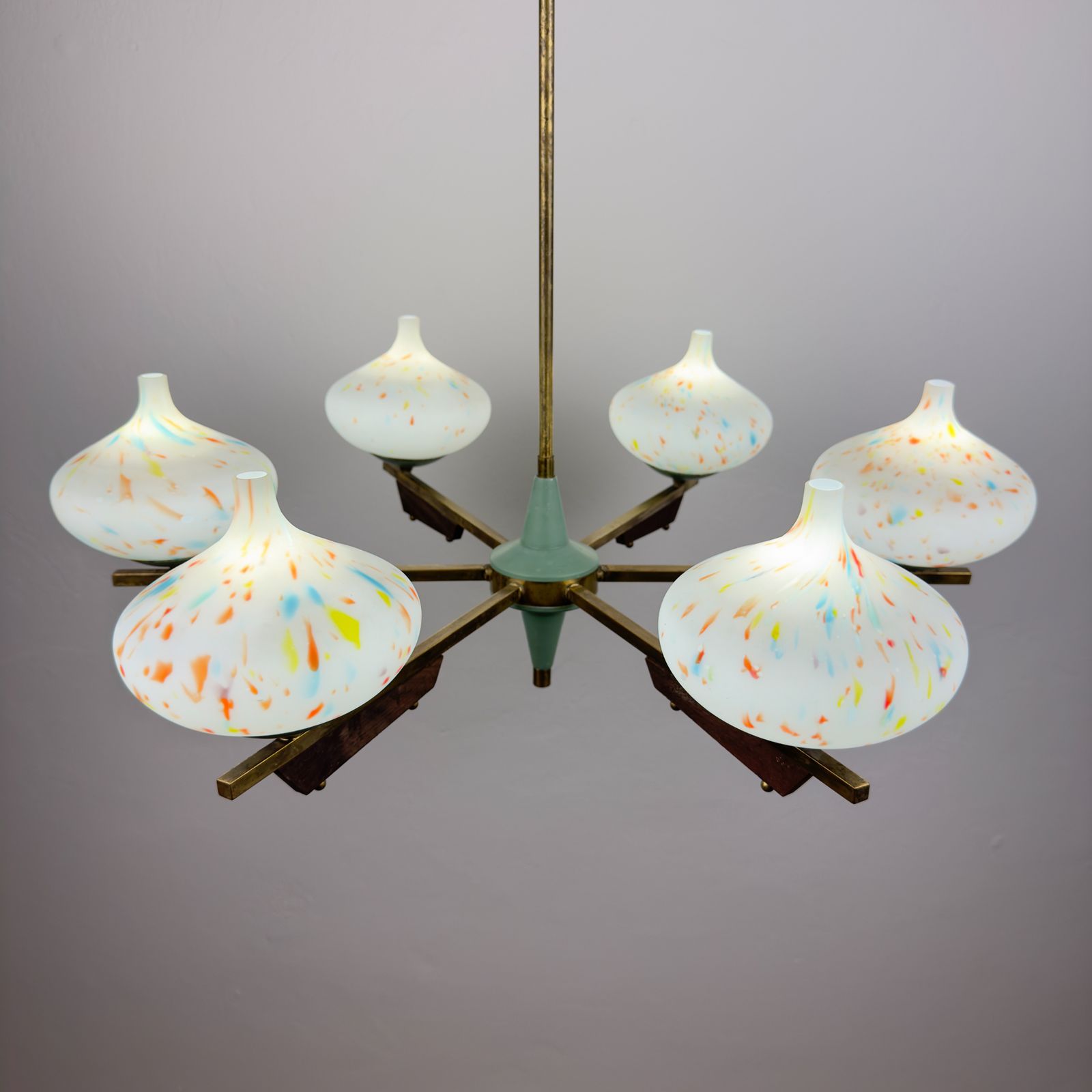 photo furniture Mid Century Stilnovo Chandelier With Teak And Murano Glass, Italy 1940 50s