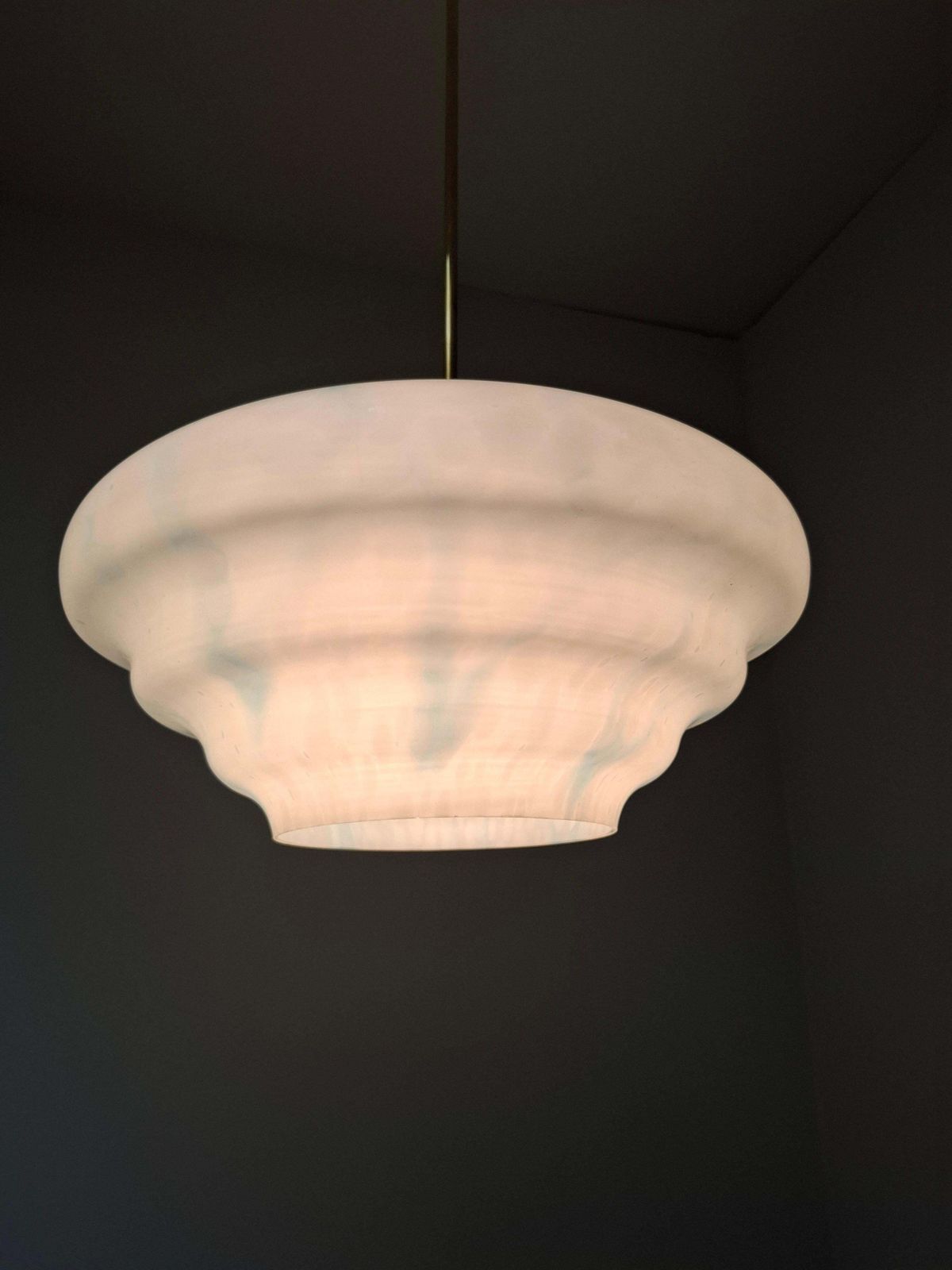 Napako Midcentury Modern Pendant Lamp In Opaline Glass And Brass, Czechoslovakia photo for sale