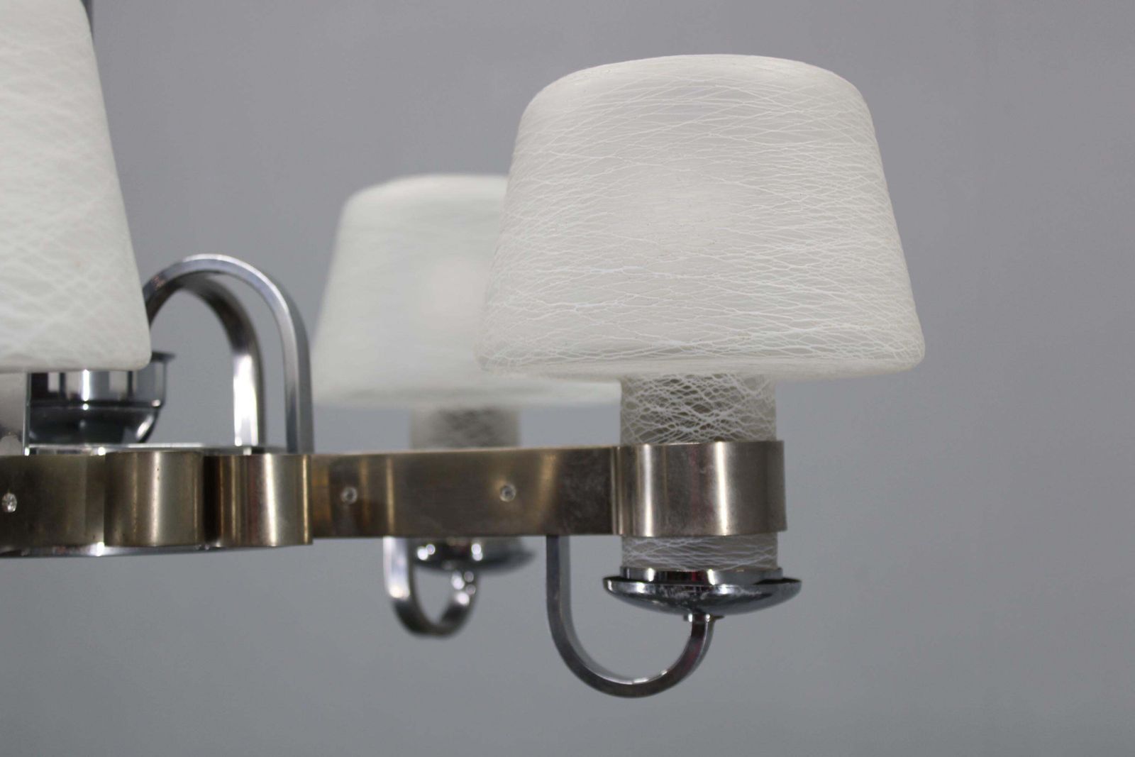 Art Deco Nickel Chandelier With Textured Glass, Czechoslovakia, 1930s photo buy