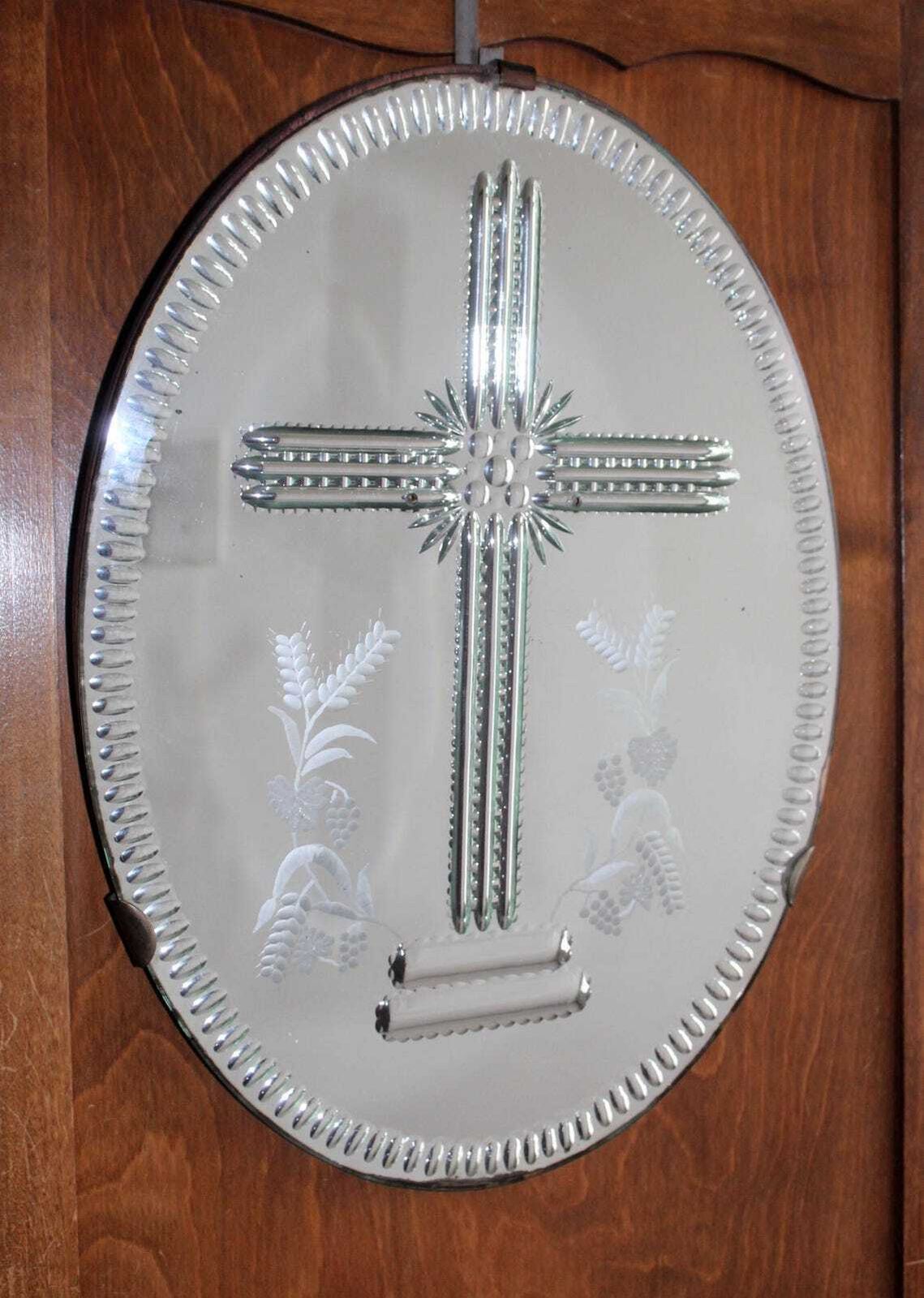 Tall Antique Oval Mirror Etched Design On Reverse Mercury Glass Green Tint Crucifix Religious Wall Mirror Wood Frame Cut To Clear Bevel photo furniture