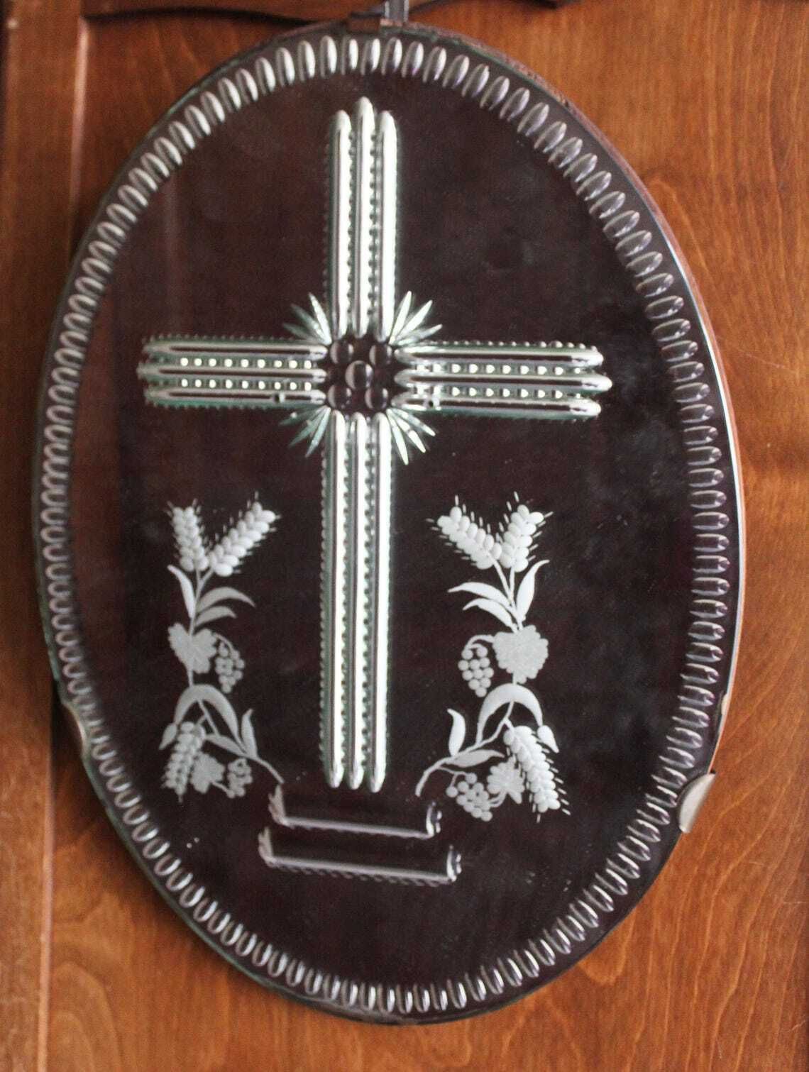 Tall Antique Oval Mirror Etched Design On Reverse Mercury Glass Green Tint Crucifix Religious Wall Mirror Wood Frame Cut To Clear Bevel photo for sale