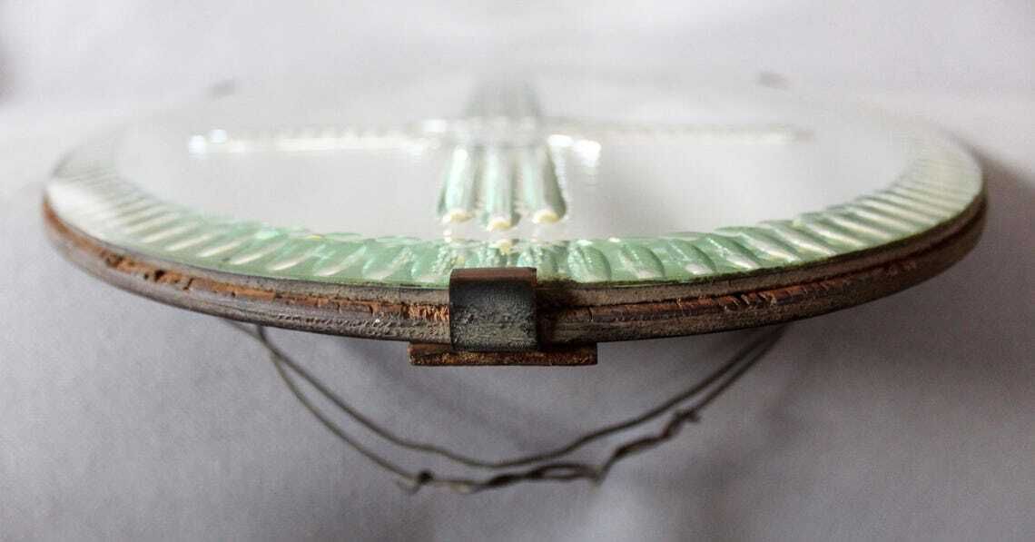 photo buy Tall Antique Oval Mirror Etched Design On Reverse Mercury Glass Green Tint Crucifix Religious Wall Mirror Wood Frame Cut To Clear Bevel
