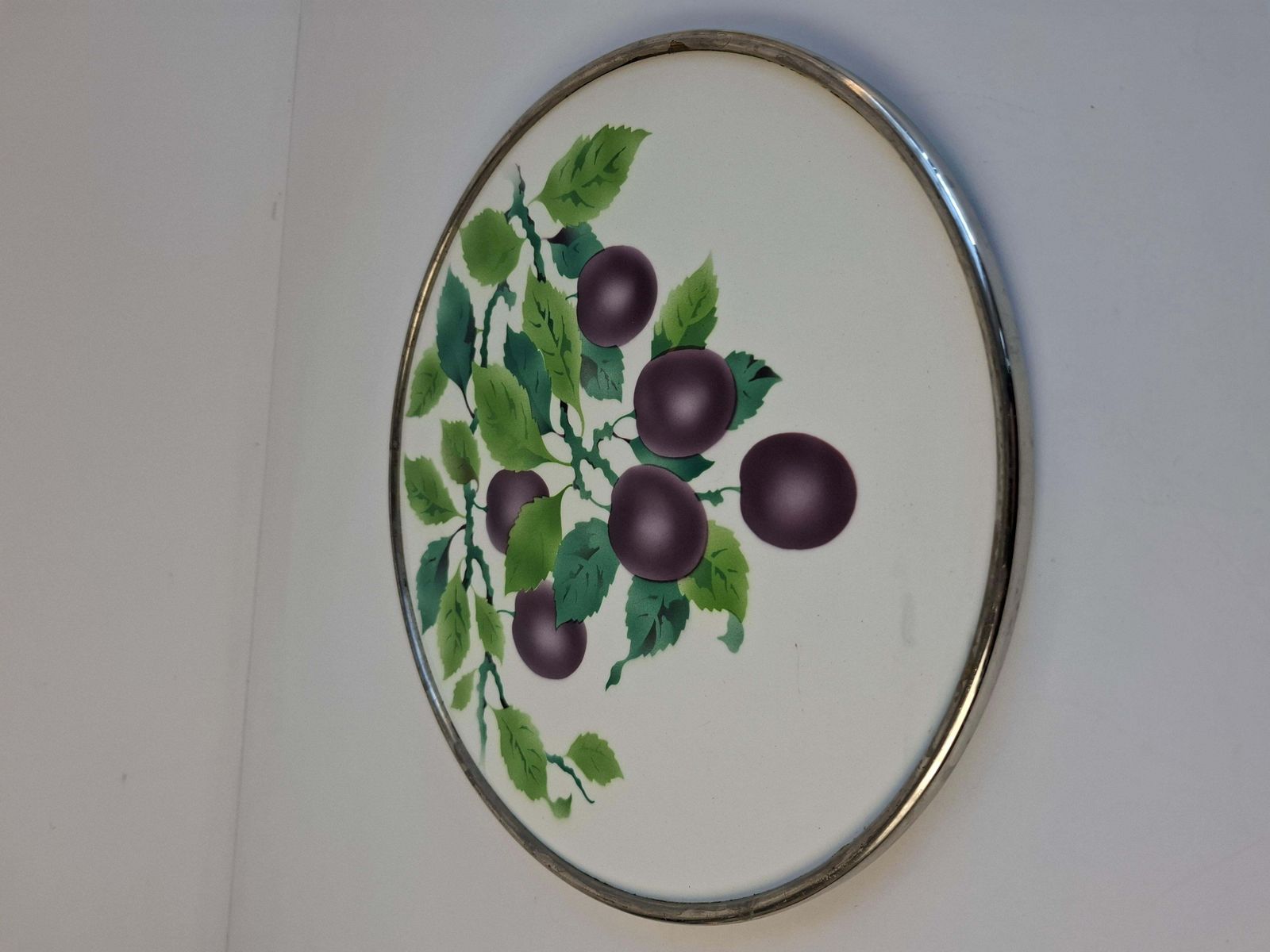 Czechoslovak Art Deco Porcelain Tray With Plum Motif And Metal Rim, 1930s photo 389.0