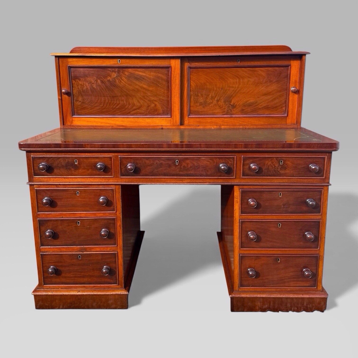 Antique Victorian Mahogany Pedestal Desk – 9 Drawers, Tooled Leather & Cupboard photo for sale
