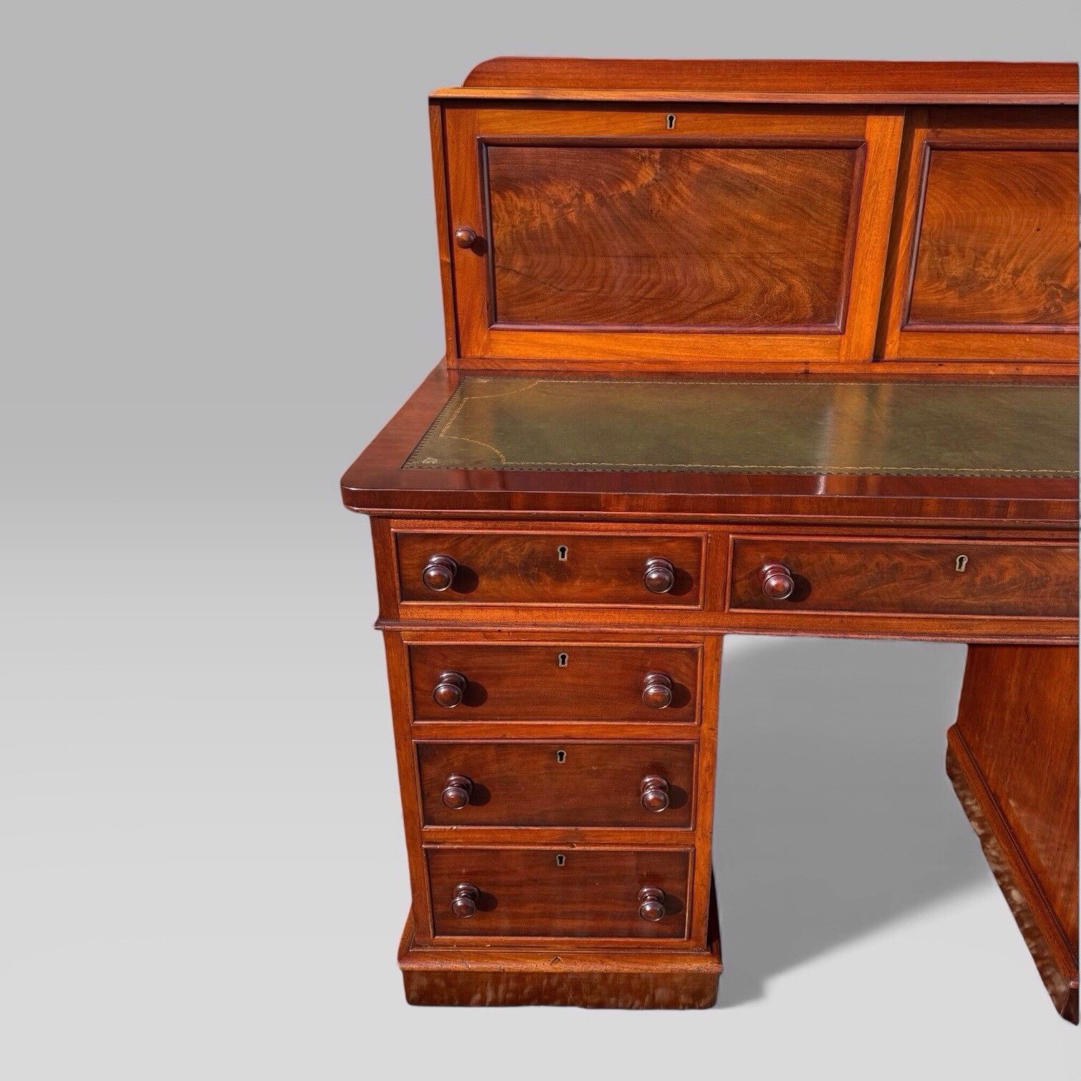 Antique Victorian Mahogany Pedestal Desk – 9 Drawers, Tooled Leather & Cupboard photo vintage