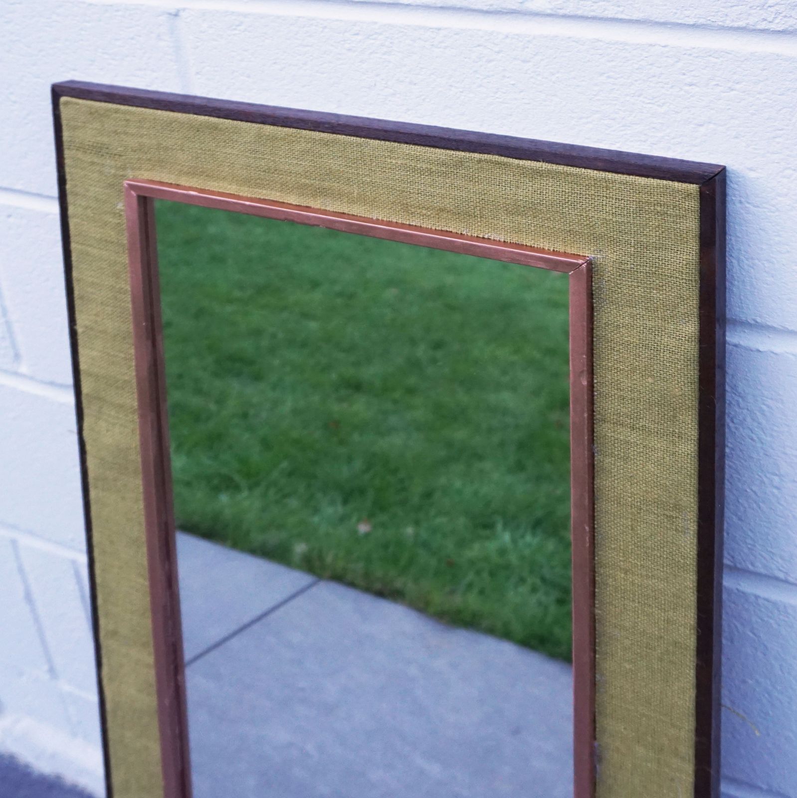 Hessian Mid Century Framed Wooden Wall Mounted Mirror In Copper & Green 1970s Style photo buy