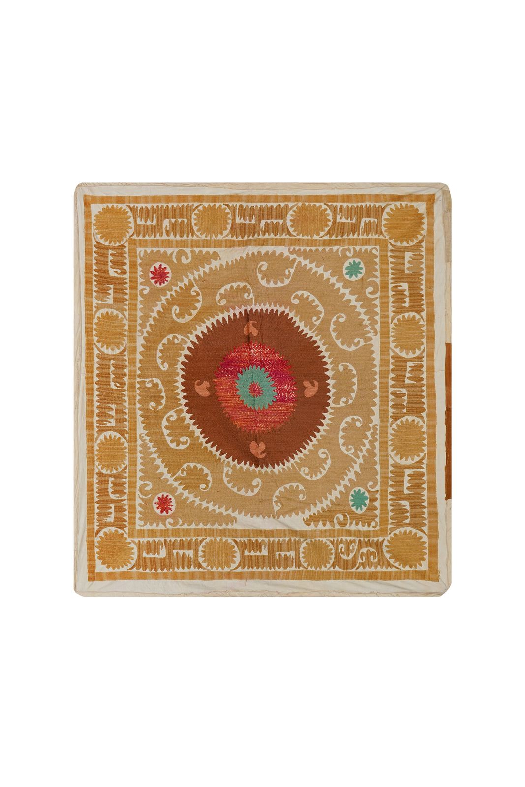 photo for sale Vintage Suzani Wall Hanging, Mustard Brown Red Green Uzbek Hand Embroidery 4'4'' X 4'7''