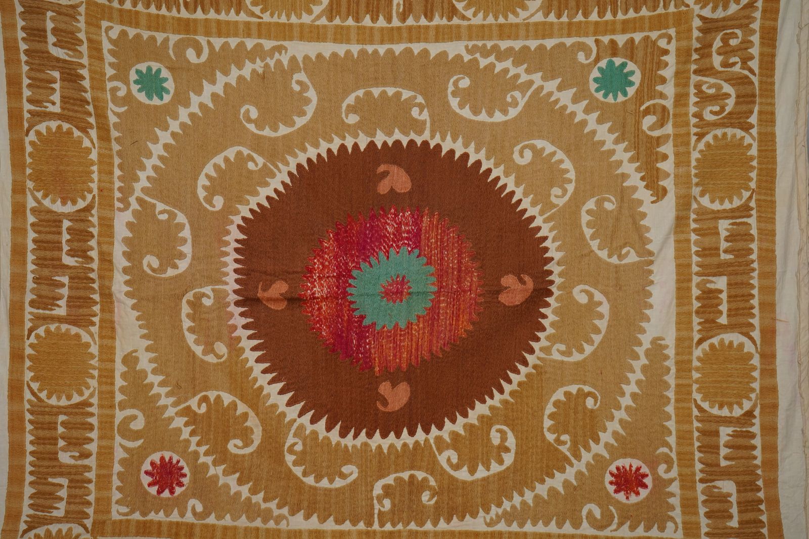 Vintage Suzani Wall Hanging, Mustard Brown Red Green Uzbek Hand Embroidery 4'4'' X 4'7'' photo 250.0