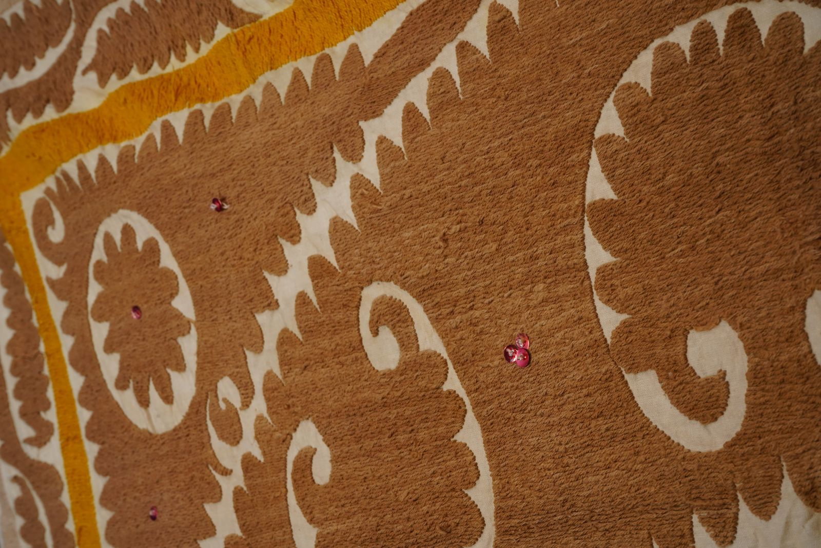 photo for sale Suzani Wall Hanging Decor   Brown Pink Suzani Table Cloth   Uzbek Embroidery Neutral Textile 4'4'' X 4'4''