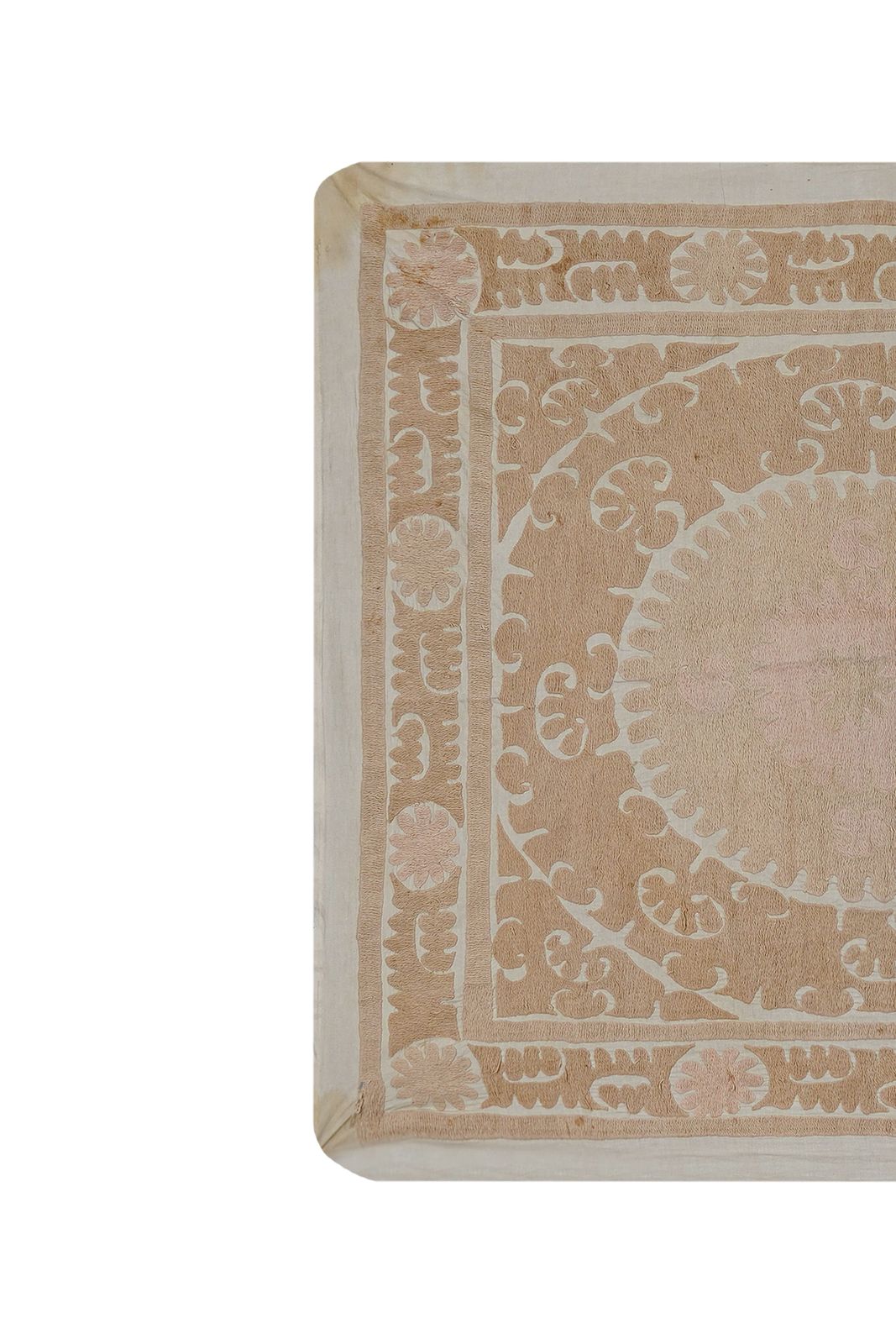 Minimal Neutral Suzani Textile, Beige Uzbek Table Cover Decor 4'4'' X 4'4'' photo Textiles