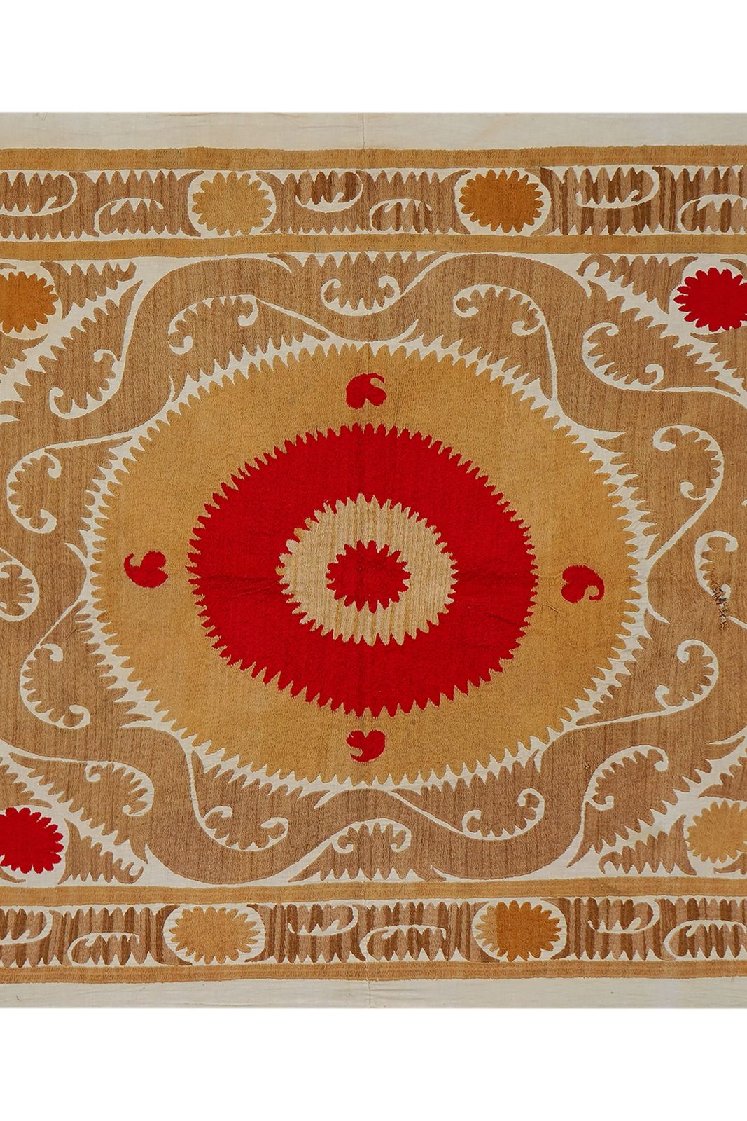 Uzbek Suzani Textile, Square Red And Camel Table Cover In Red Tones 4'2'' X 4'9'' photo furniture