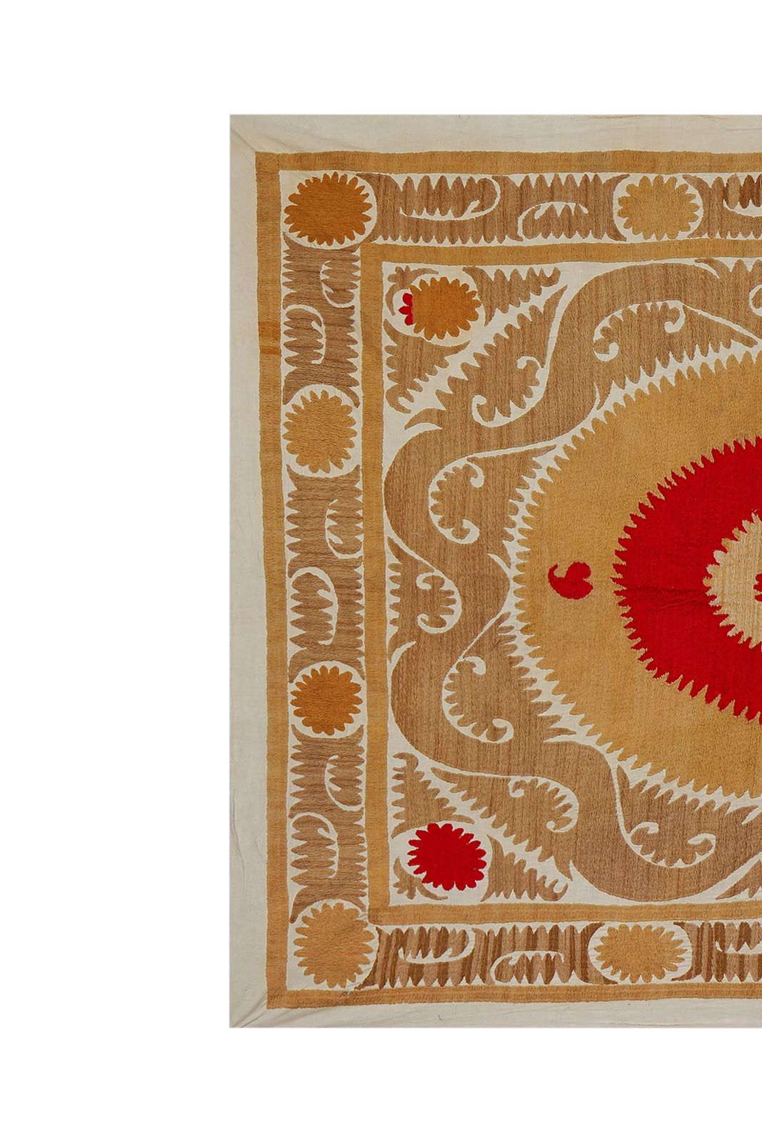 Uzbek Suzani Textile, Square Red And Camel Table Cover In Red Tones 4'2'' X 4'9'' photo 250.0