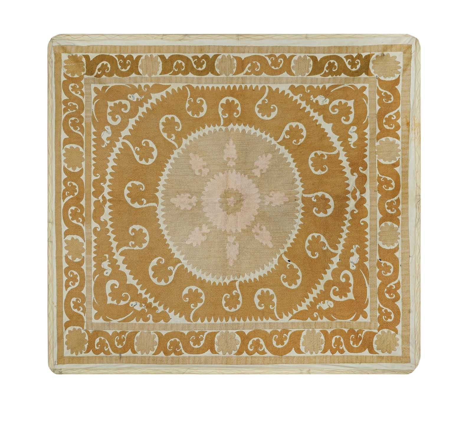Vintage Uzbek Suzani | Hand Embroidered Pink & Tan Floral Medallion Square 4'1'' X 4'4''