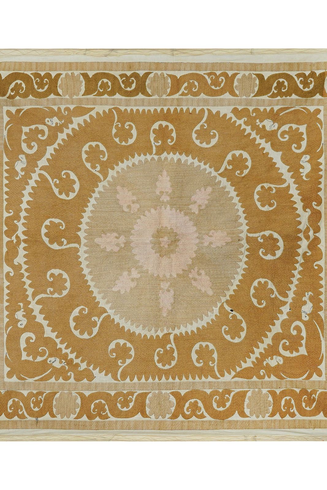 Vintage Uzbek Suzani | Hand Embroidered Pink & Tan Floral Medallion Square 4'1'' X 4'4'' photo furniture