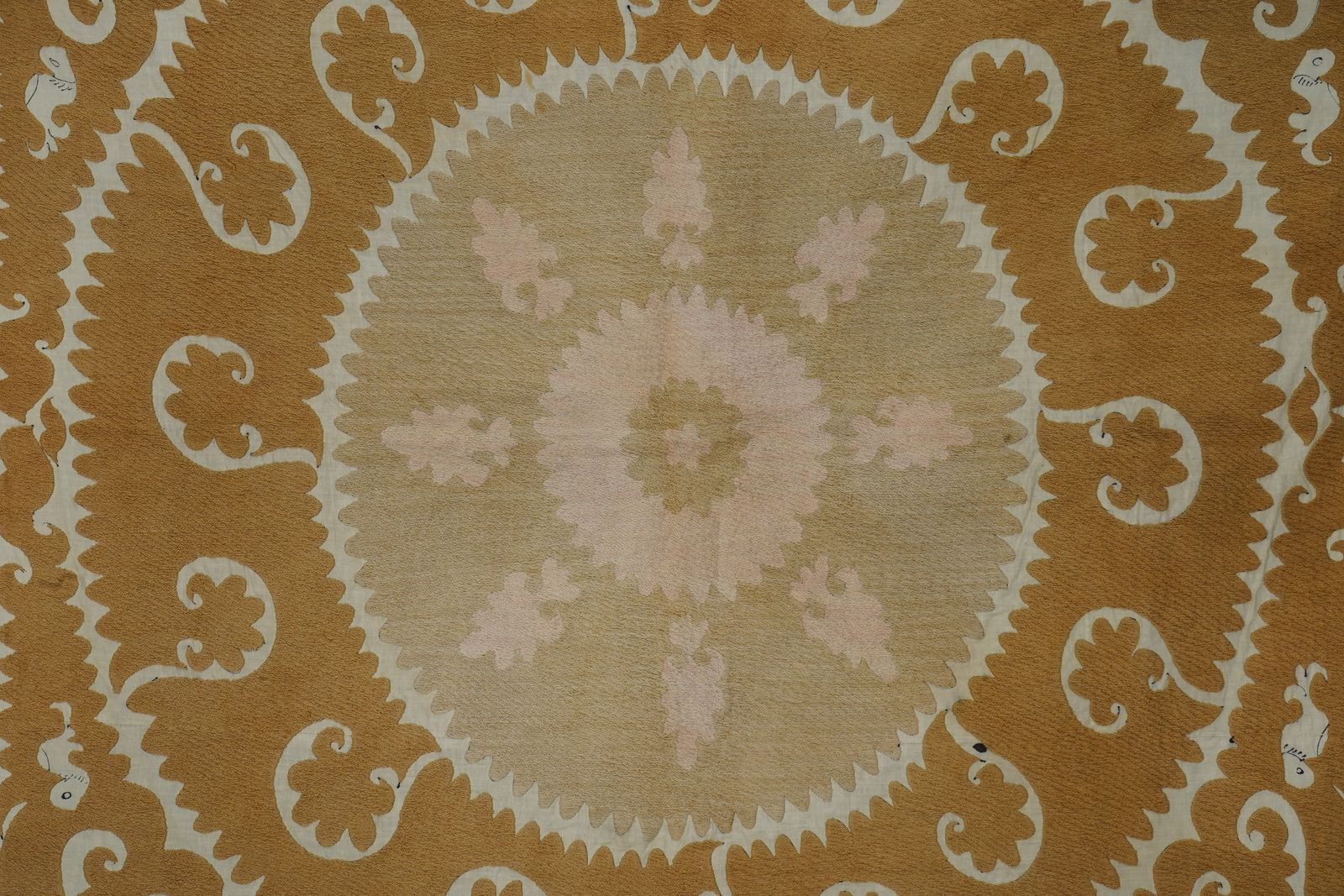 Vintage Uzbek Suzani | Hand Embroidered Pink & Tan Floral Medallion Square 4'1'' X 4'4'' photo 200.0