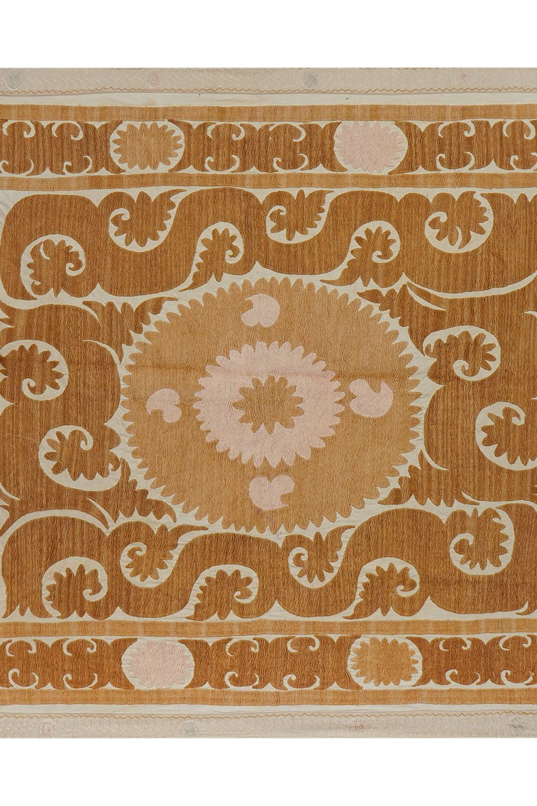 Suzani Wall Hanging Decor   Faded Tan Suzani Table Cloth   Uzbek Embroidery Textile 4'1'' X 4'9'' photo for sale