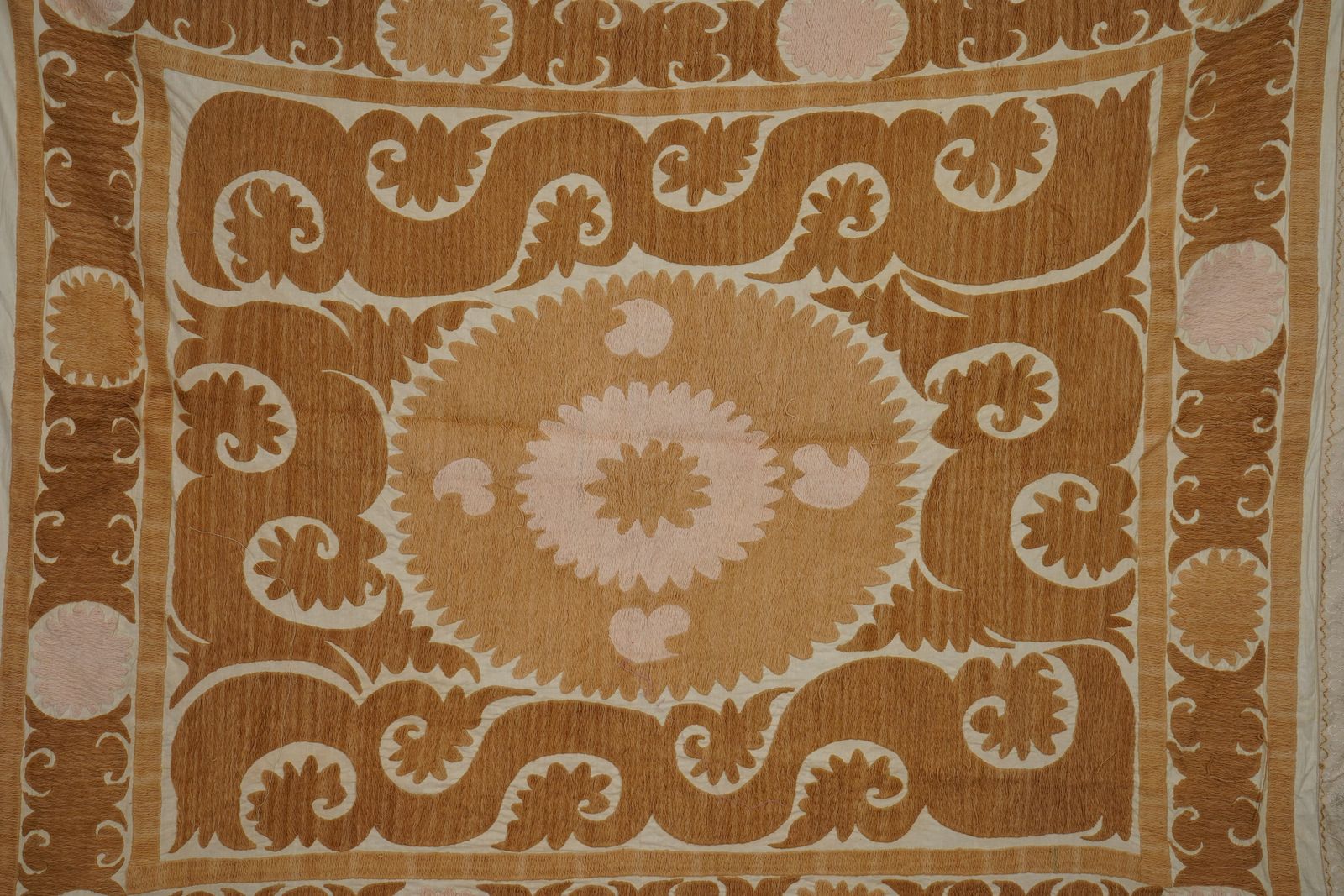 Suzani Wall Hanging Decor   Faded Tan Suzani Table Cloth   Uzbek Embroidery Textile 4'1'' X 4'9'' photo Textiles