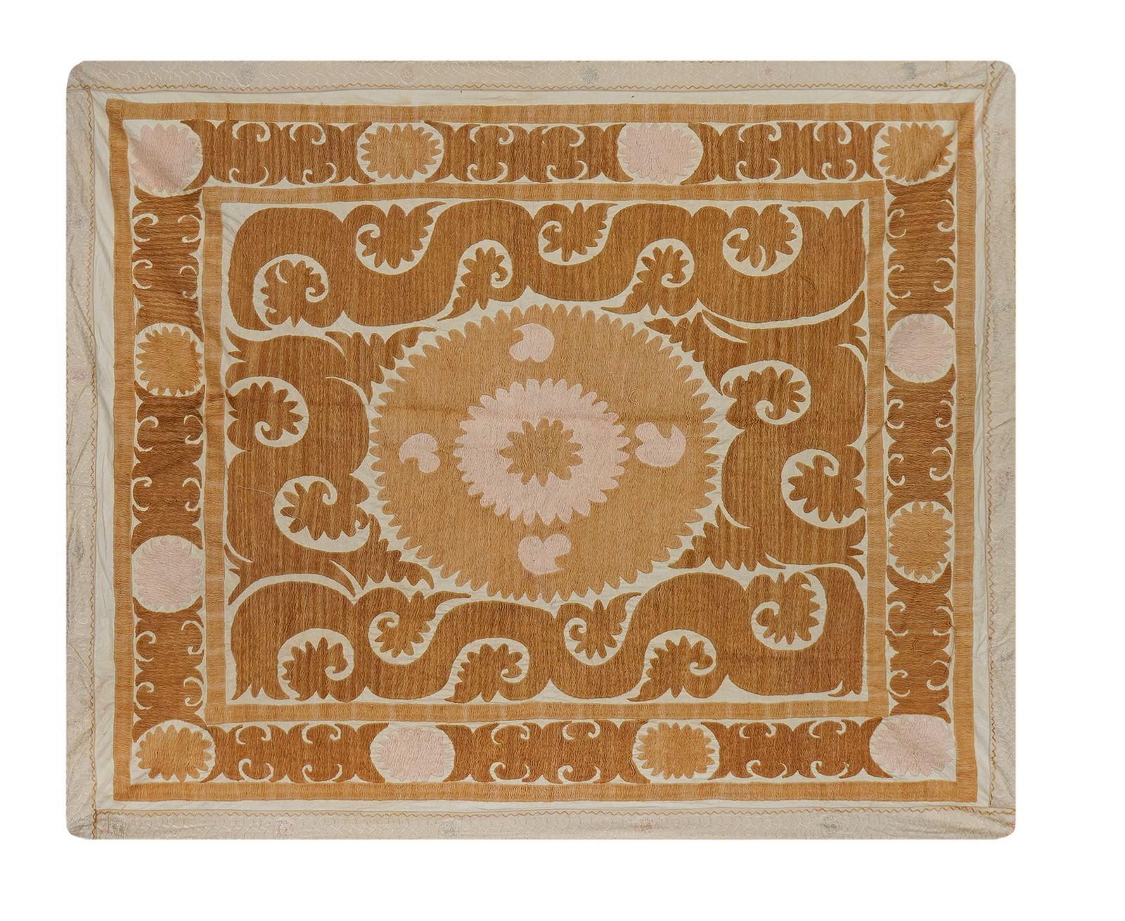Suzani Wall Hanging Decor   Faded Tan Suzani Table Cloth   Uzbek Embroidery Textile 4'1'' X 4'9''