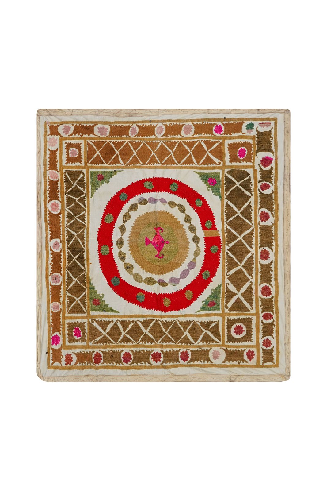 Uzbek Suzani Textile, Red Brown Green Handmade Embroidered Fabric 4'1'' X 4'4'' photo furniture