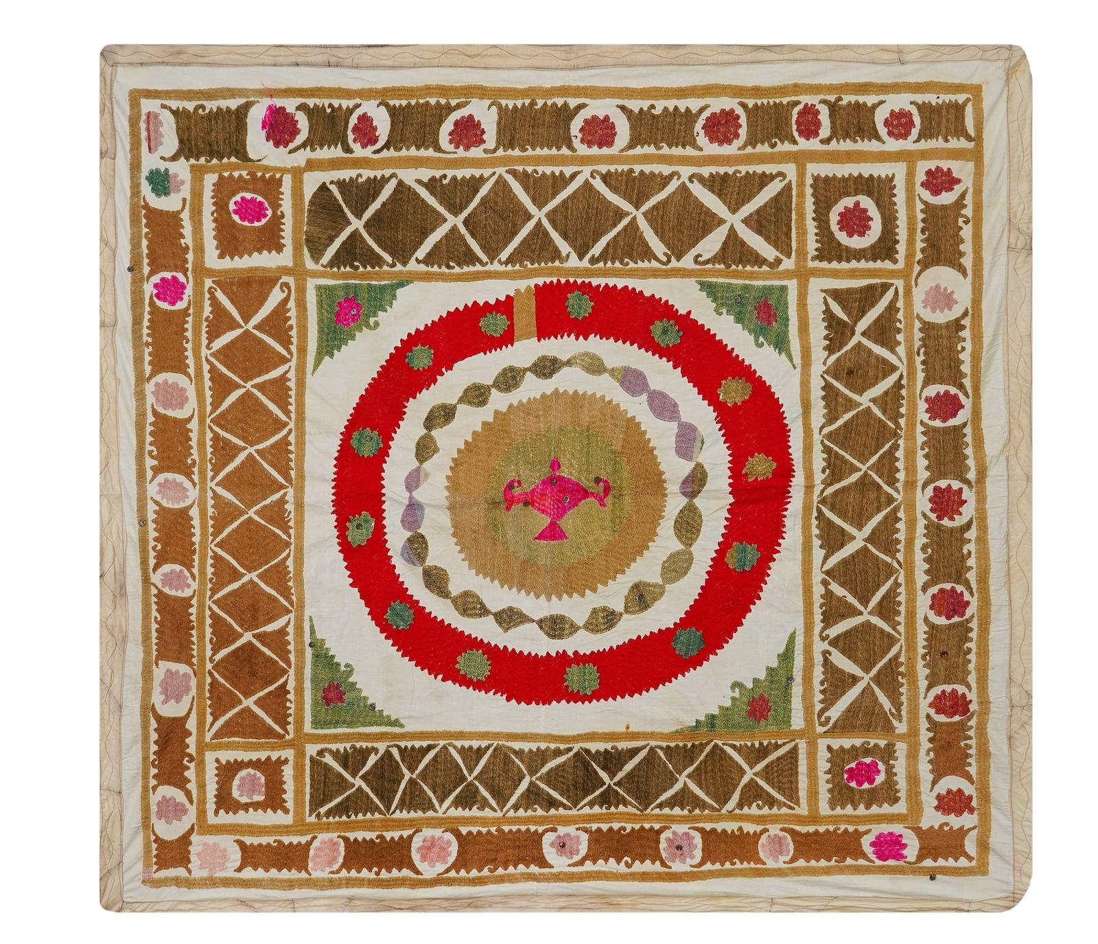Uzbek Suzani Textile, Red Brown Green Handmade Embroidered Fabric 4'1'' X 4'4''
