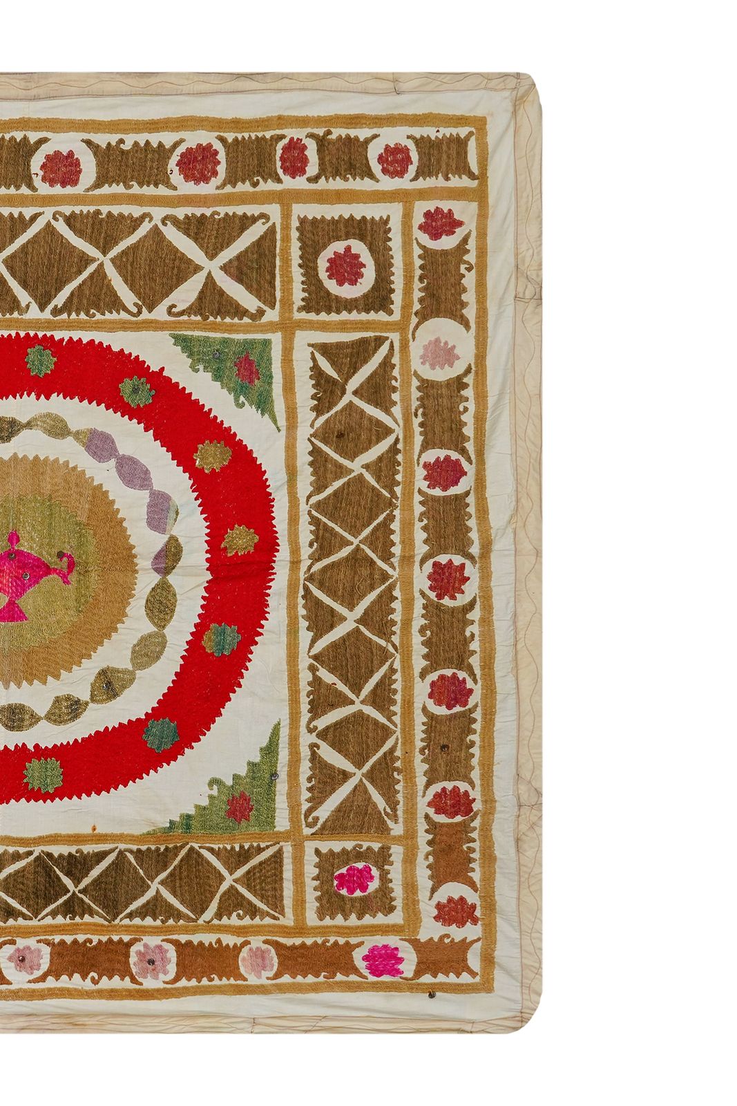 Uzbek Suzani Textile, Red Brown Green Handmade Embroidered Fabric 4'1'' X 4'4'' photo for sale