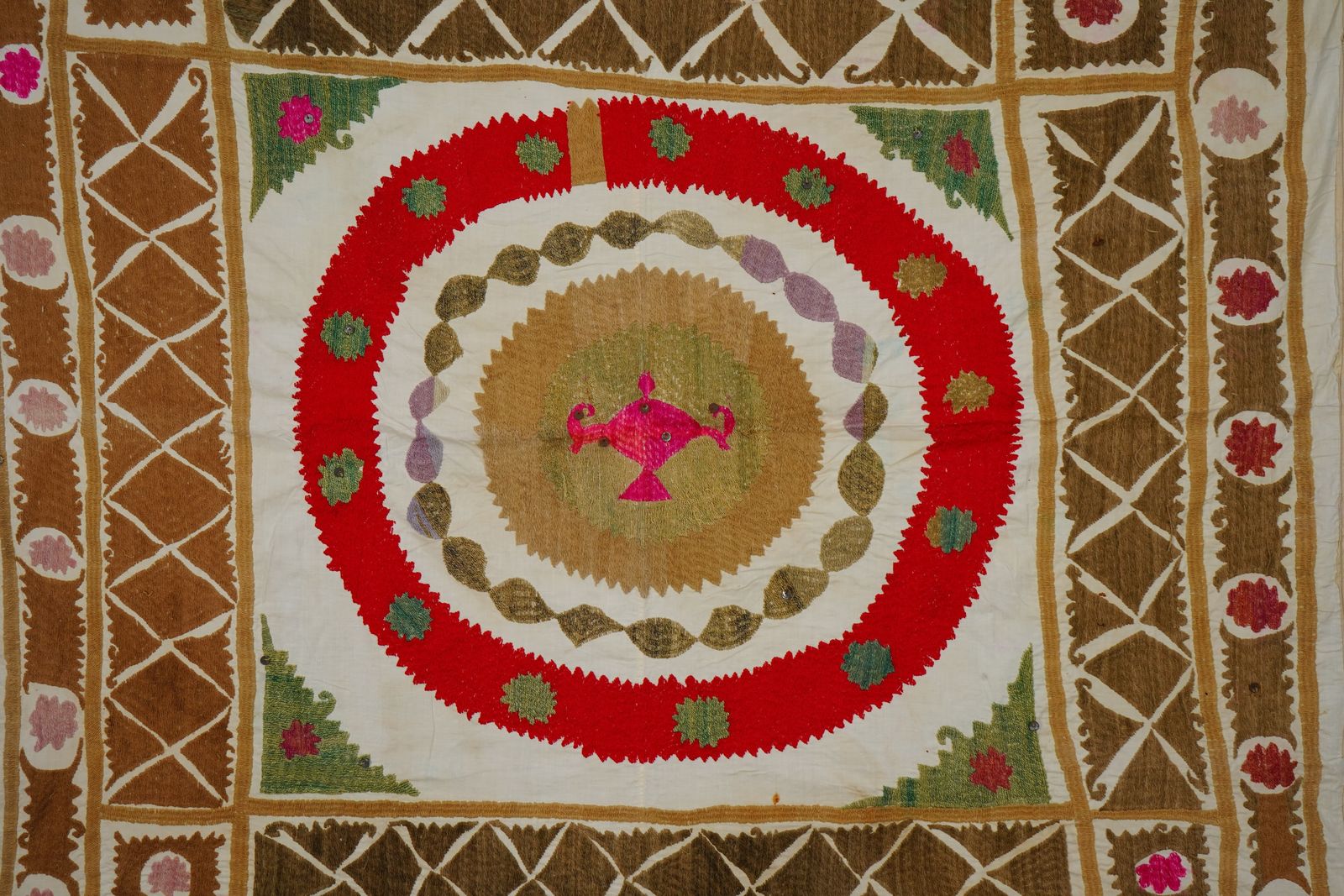 Uzbek Suzani Textile, Red Brown Green Handmade Embroidered Fabric 4'1'' X 4'4'' photo 250.0