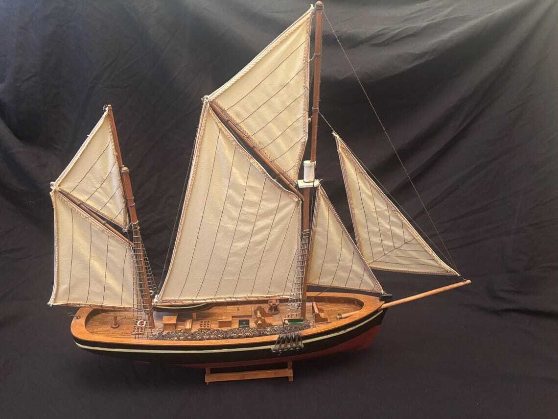 Large Vintage Wooden Model Boat Brixham Trawler Painted Hull And Cloth Sails photo 175.0