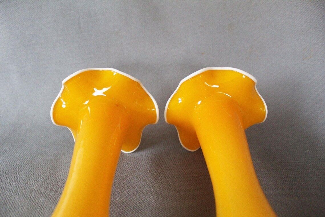 photo vintage Set Of Two Tangerine Tango Glass Vase Trumpet Vase Ruffle Collar Tulip Vase Bright Orange Style Scandinavian Or Bohemian Art Glass