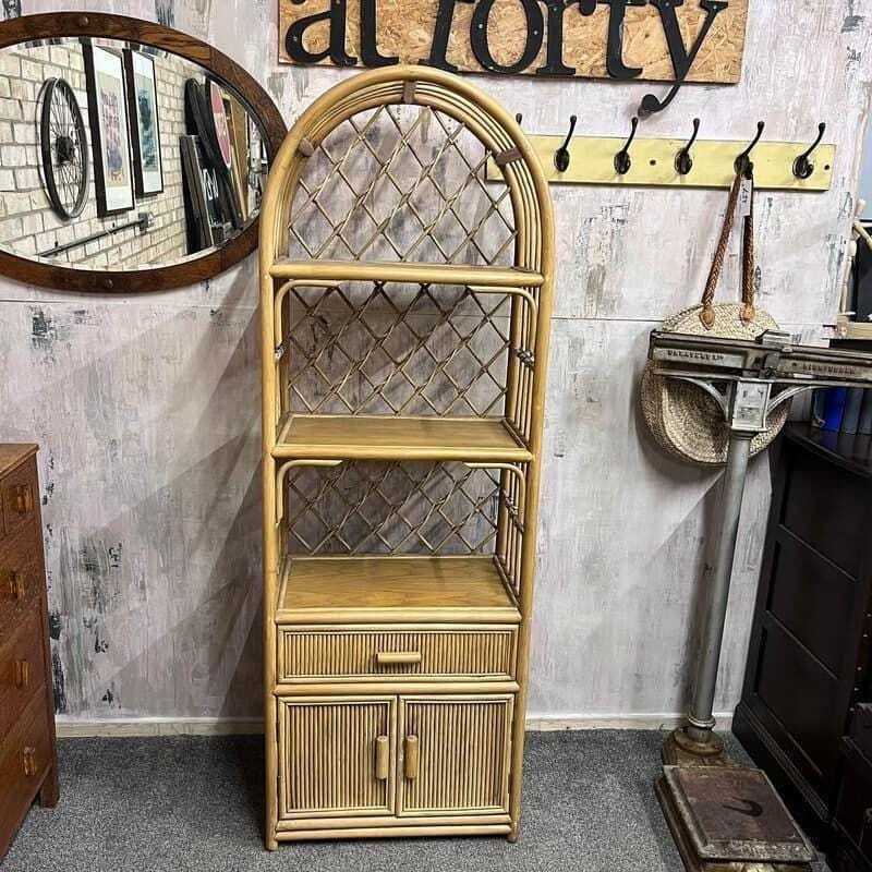 Vintage Bamboo Arched Shelving Unit Drawer Double Cupboard Lattice Back
