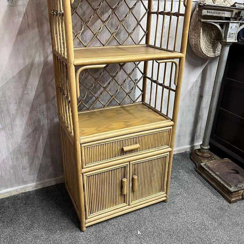 photo furniture Vintage Bamboo Arched Shelving Unit Drawer Double Cupboard Lattice Back