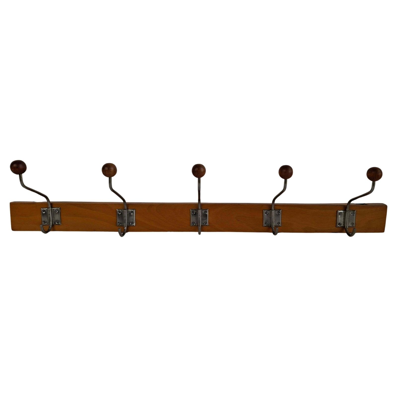 Czechoslovak Midcentury Wooden And Metal Wall Coat Rack, 1960s
