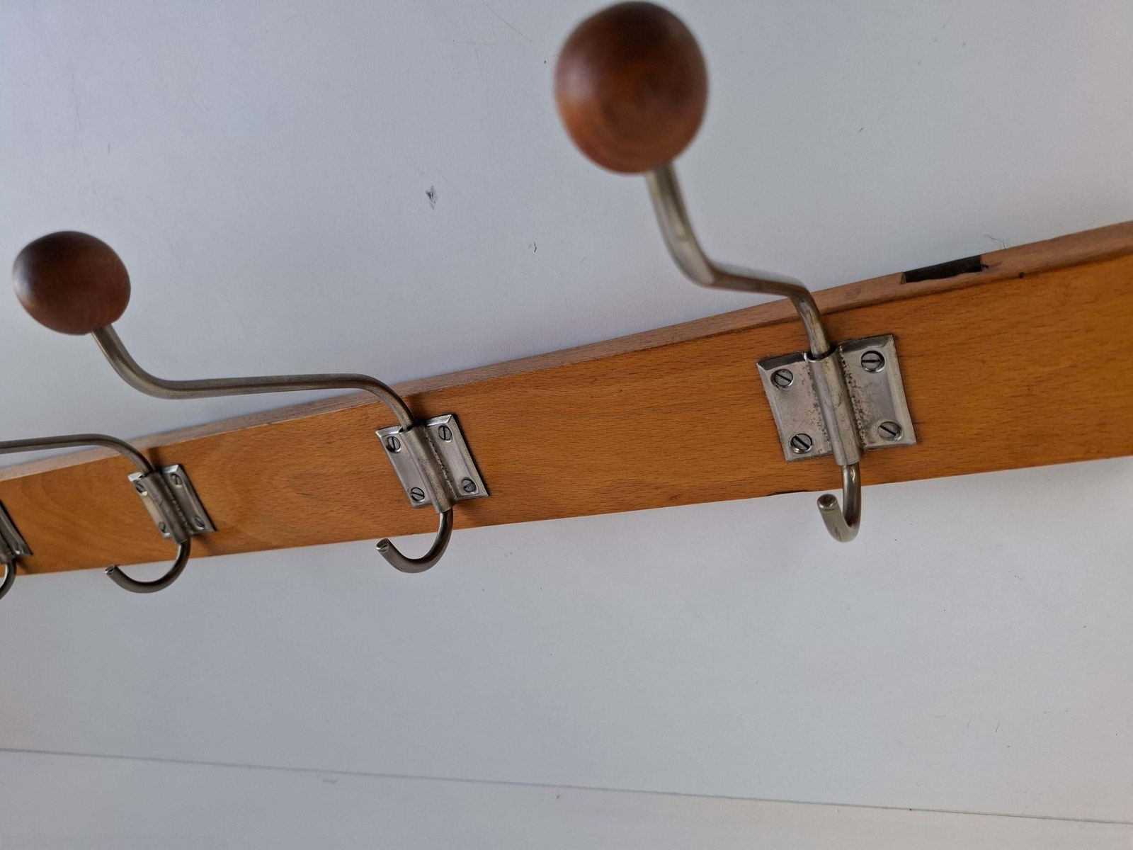 Czechoslovak Midcentury Wooden And Metal Wall Coat Rack, 1960s photo buy
