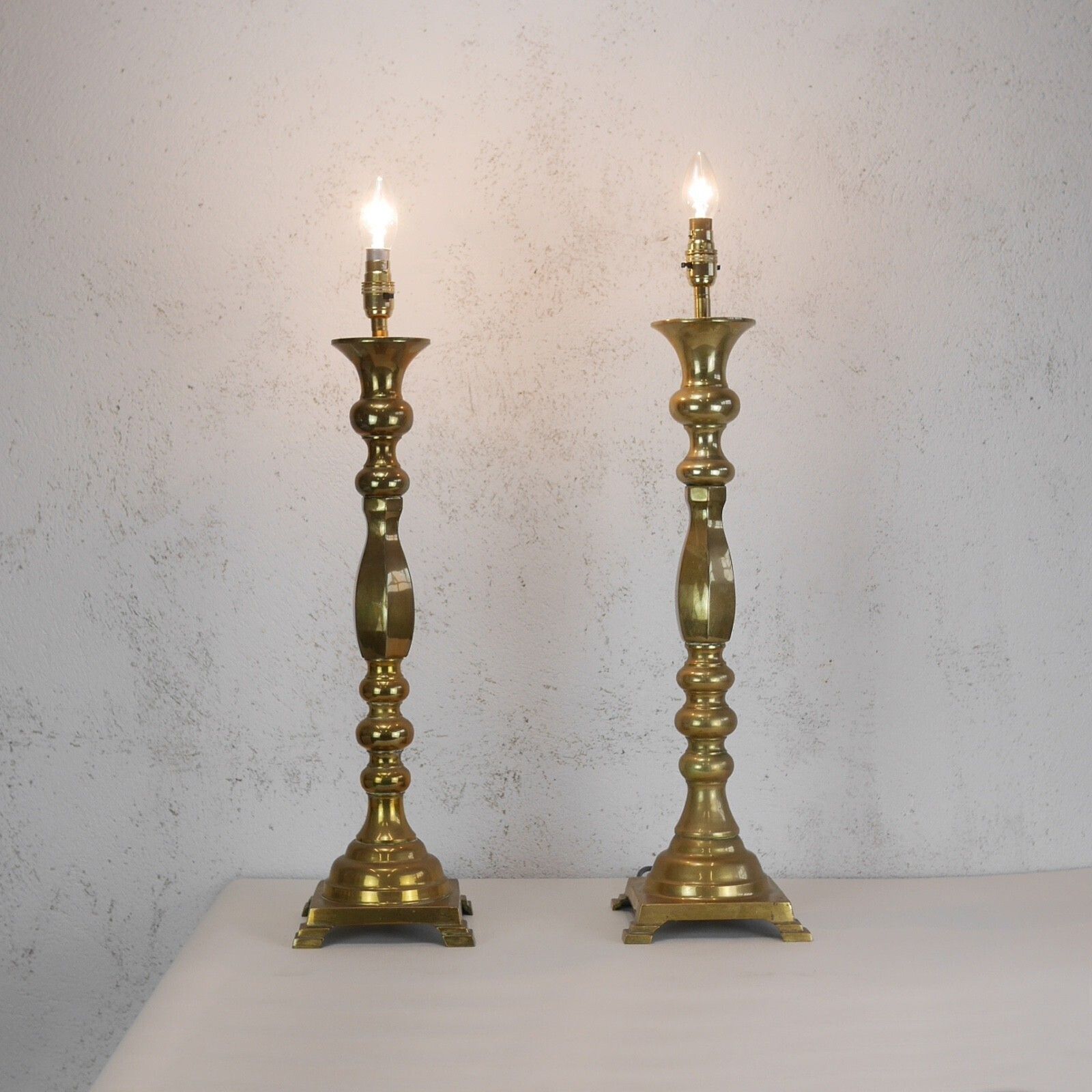Pair Tall Large Brass Candle Stick Table Lights Lamps Vintage Antique  #103068 photo Lighting