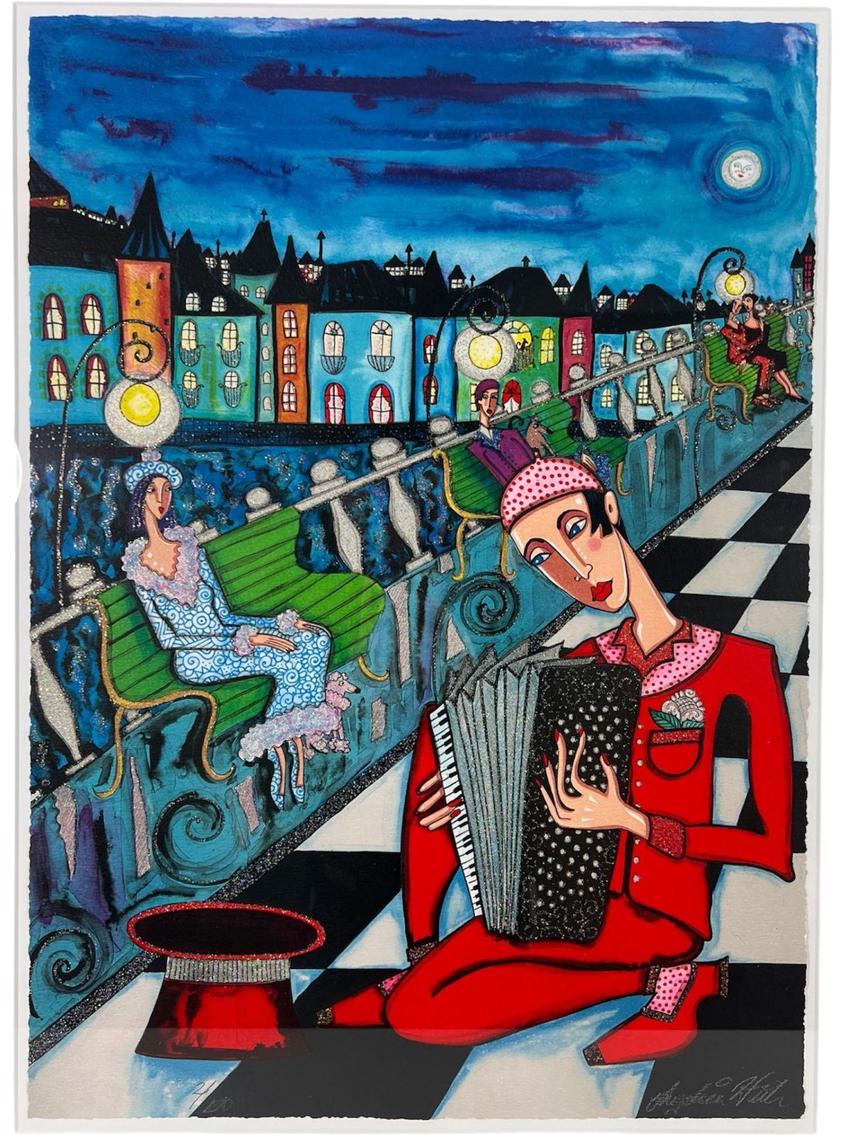 Angelica Wiik Signed Glitter Lithograph “City View In Moonlight With Accordion Player” 2/290 photo Art