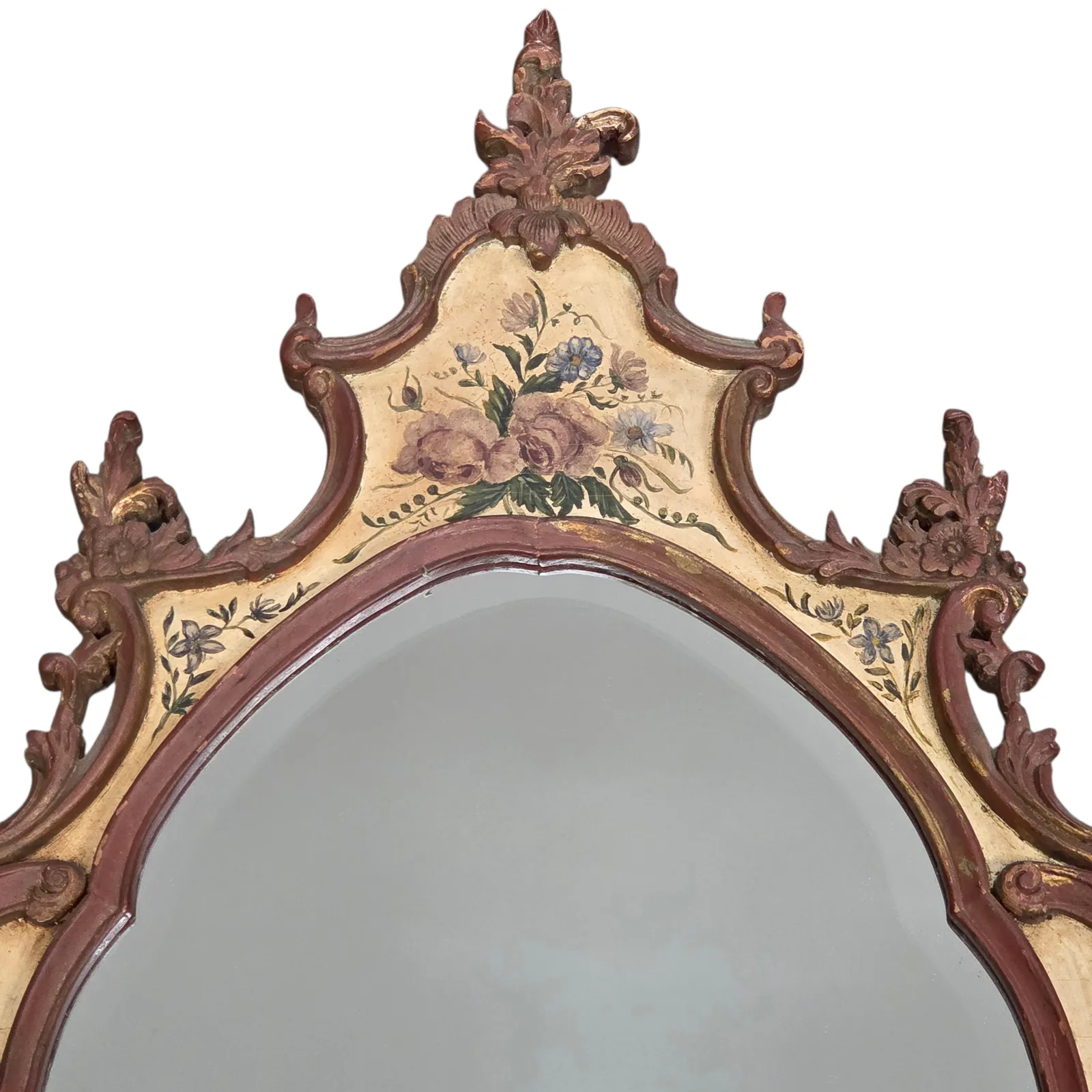 650.0 Hand Painted Carved Wood Mirror With Bevelled Glass, Circa 1940 photo