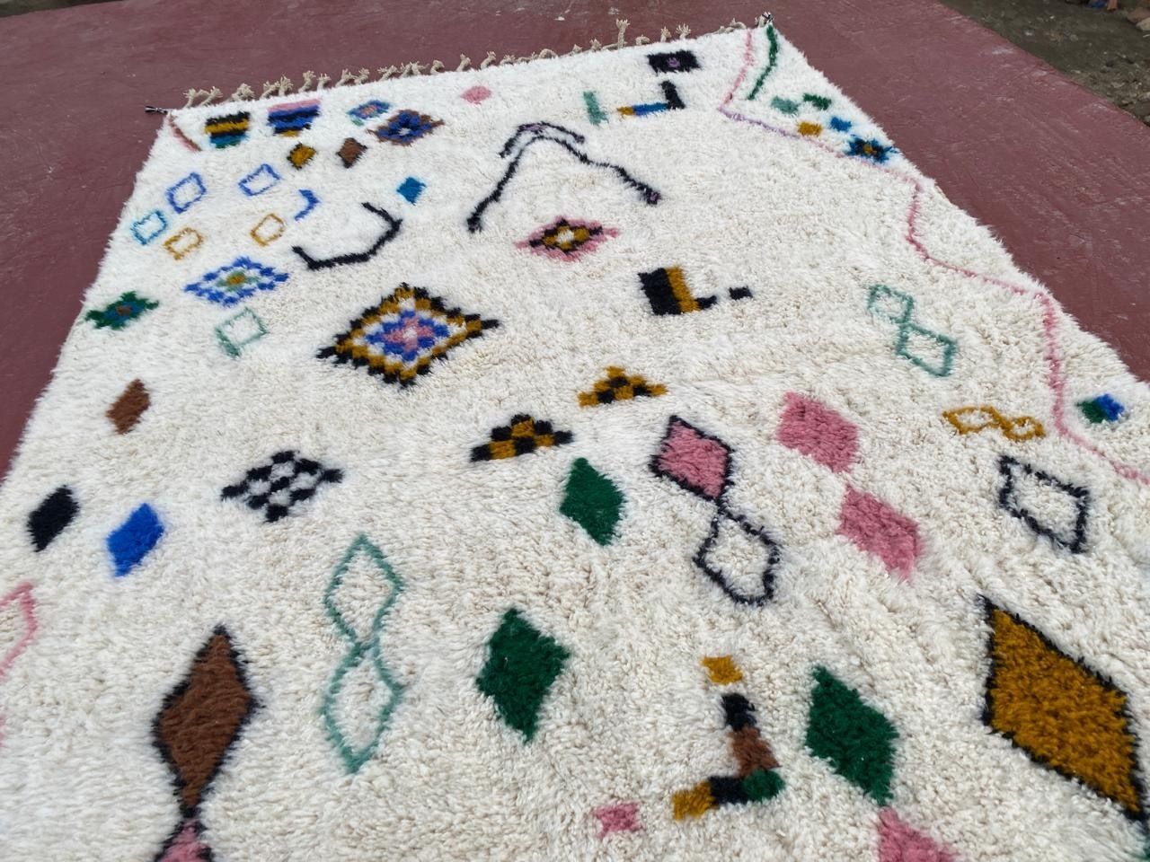 Handmade Beni Ourain Rug With Colorful Geometric Symbols   Authentic Moroccan Wool   300x200cm photo Textiles
