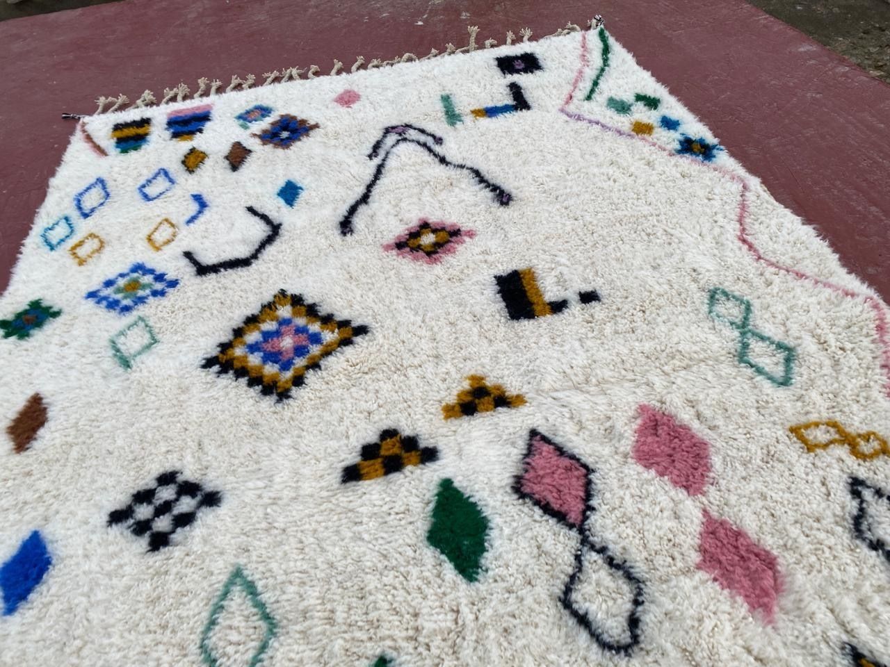photo for sale Handmade Beni Ourain Rug With Colorful Geometric Symbols   Authentic Moroccan Wool   300x200cm