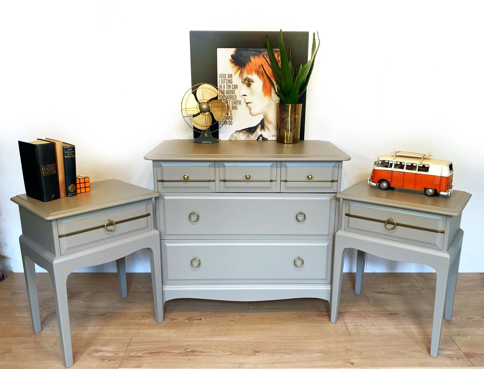 Bedroom Set, Chest Of Drawers And Pair Of Bedside Tables, 1970 Stag photo for sale