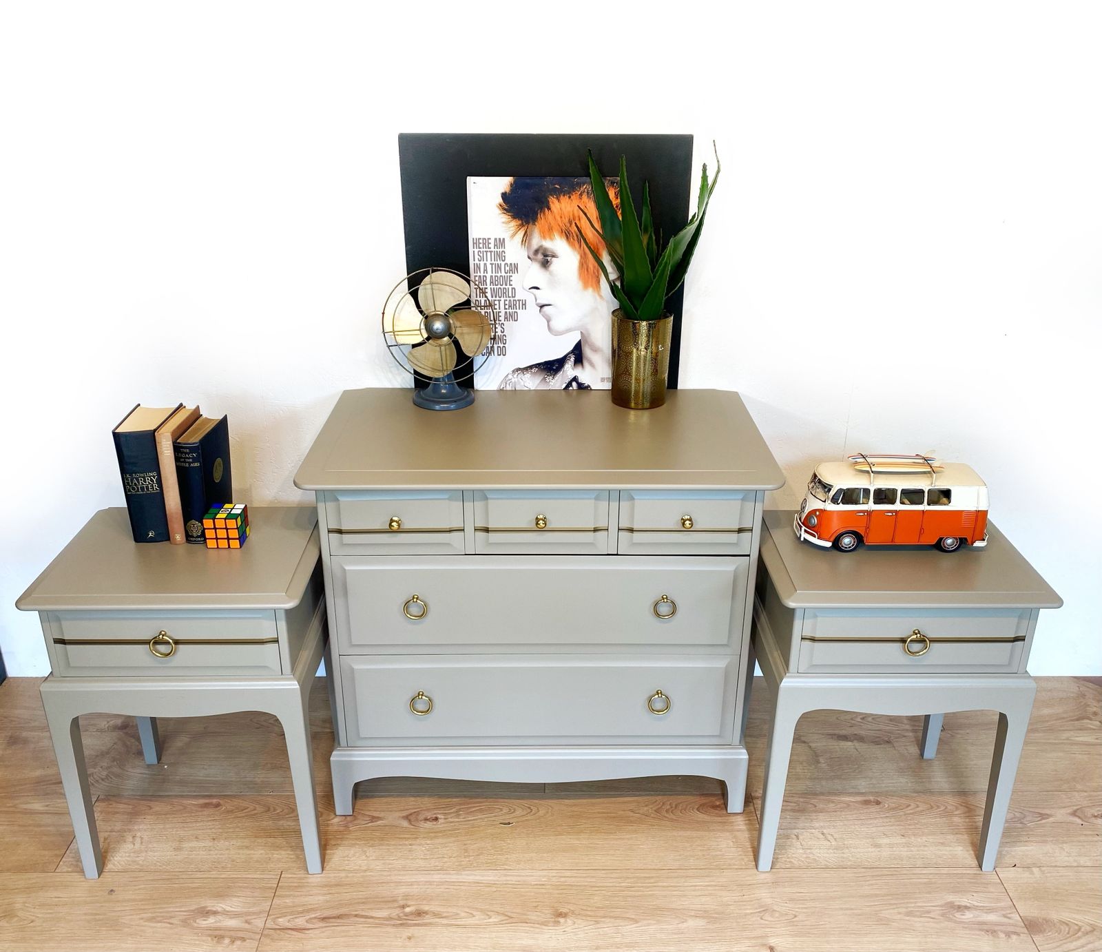 Furniture Bedroom Set, Chest Of Drawers And Pair Of Bedside Tables, 1970 Stag photo