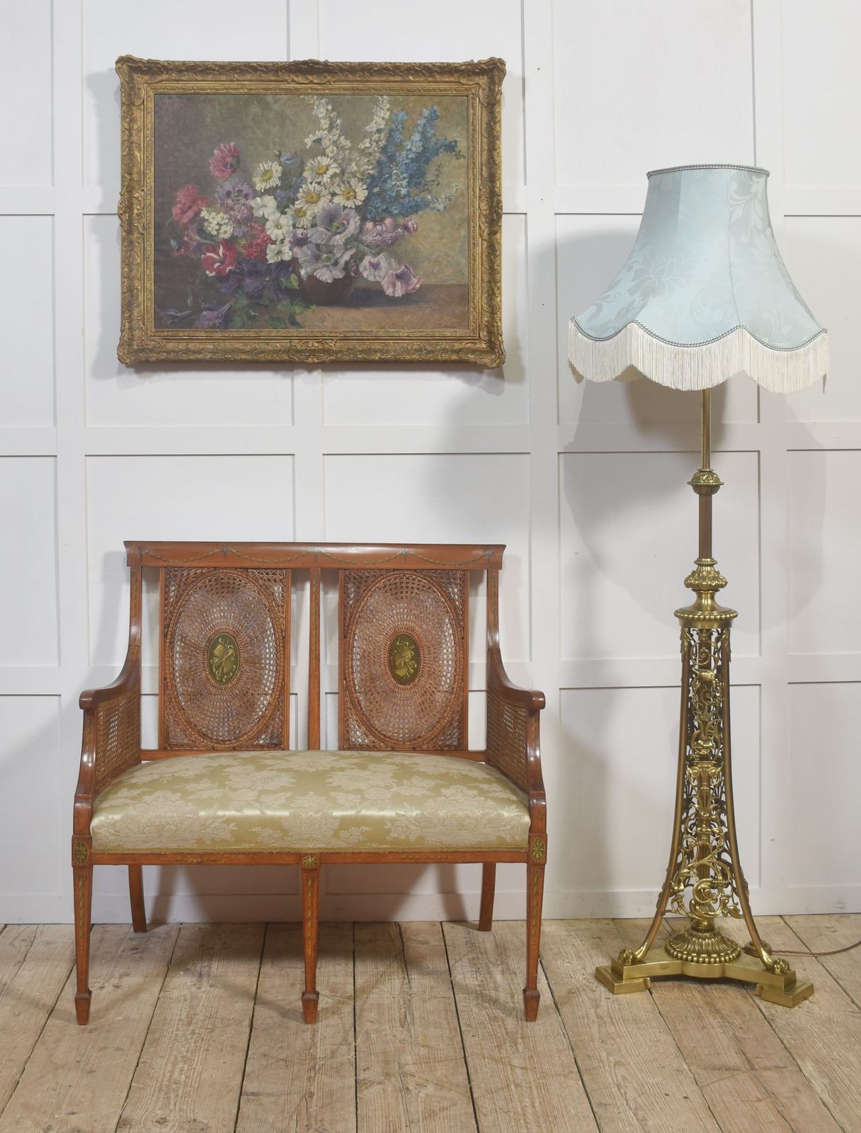 Ornate Brass Floor Lamp With Floral Openwork Base Marble Portrait Bust Of A Gentleman photo furniture