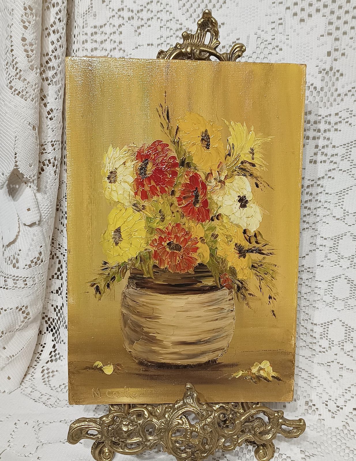 Vintage Floral Oil Painting Still Life Study Impasto Yellow Blooms Signed M.Castle Unframed.