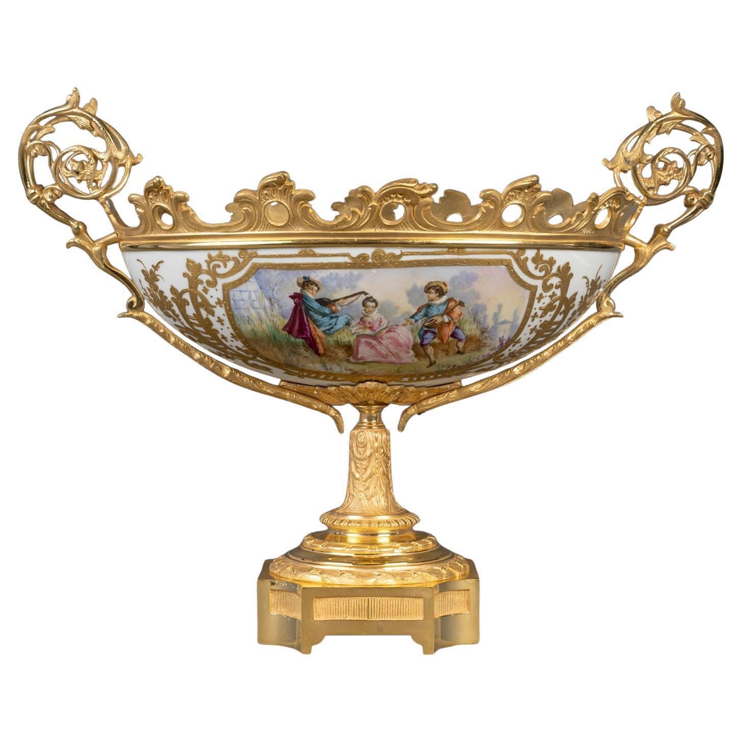 Painted Porcelain And Gilt Bronze Bowl   19th Century, Louis XV Style.