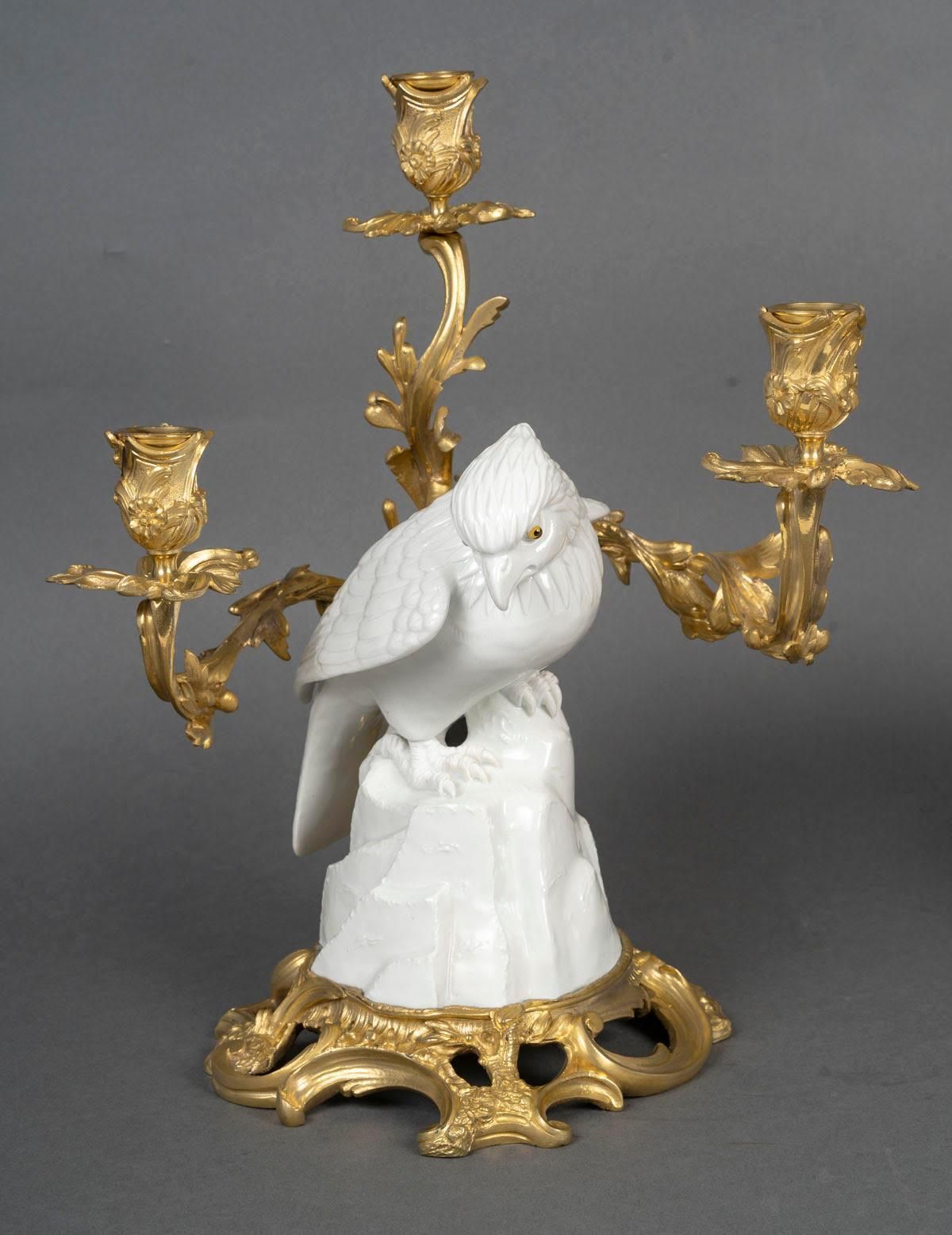 Pair Of Gilt Bronze Candelabras, Falcons In Japanese Porcelain, 19th Century. photo 7940.0
