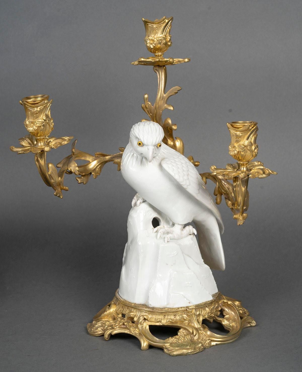 Pair Of Gilt Bronze Candelabras, Falcons In Japanese Porcelain, 19th Century. photo vinterior