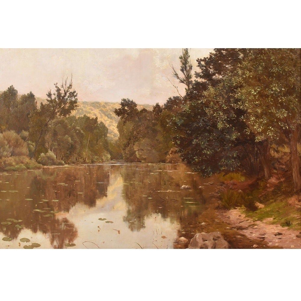 Antique Painting, Edmond His, Landscape With River, XX Century. (Qp709) photo for sale