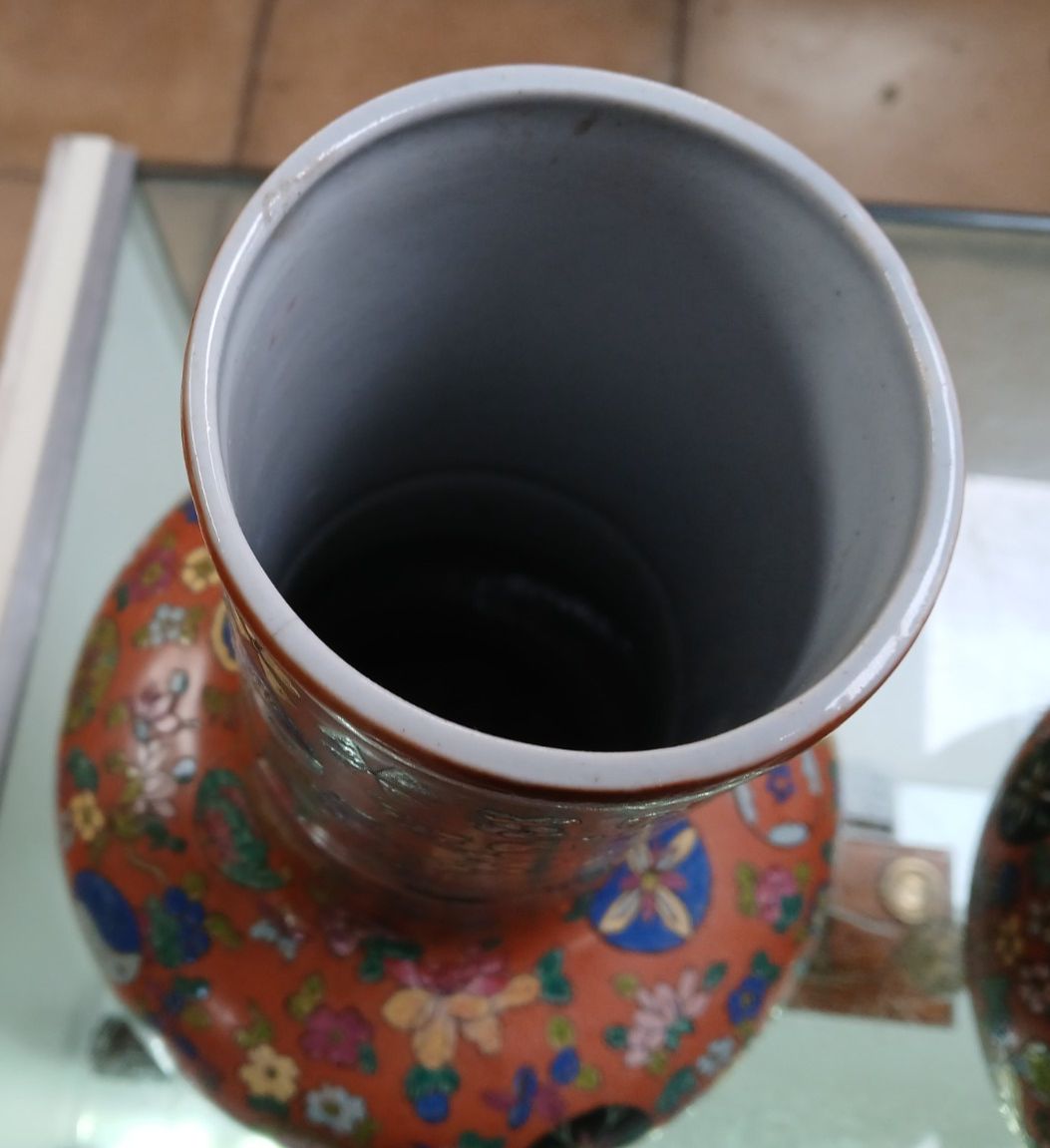 Pair Of Large Early C20th  Chinese Hand Painted Porcelain Flask Shaped Vases photo vintage