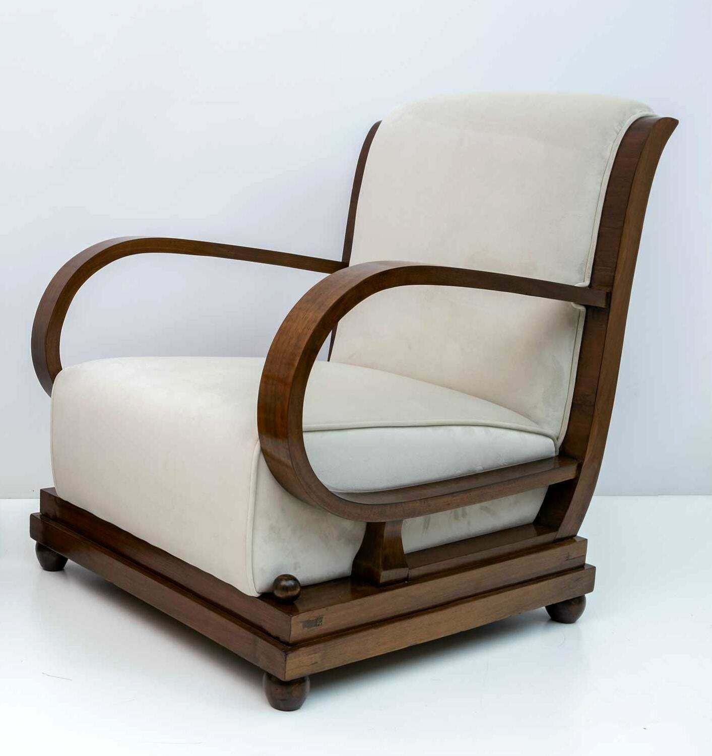 Pair Of Art Dèco Italian Walnut And Velvet Armchairs And Ottomans, 1920s photo furniture
